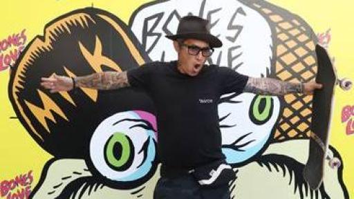 Skateboarding legend, Christian Hosoi, strikes his signature 'Christ Air" pose at the @BonesLoveMilk Shredquarters in Huntington Beach, Calif., Wednesday, July 24, 2019. The immersive, indoor skatepark pop-up is a week-long program hosted by the California Milk Processor Board dedicated to celebrating skate and California street culture while showcasing the real benefits of milk as nature’s energy drink. (Photo by Matt Sayles/Invision for CMPB/AP Images)