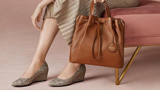 Cole Haan Grand Ambition Wedge (75MM) in Viper Print Leather, $180; Grand Ambition Bucket Bag in British Tan Coming in September!