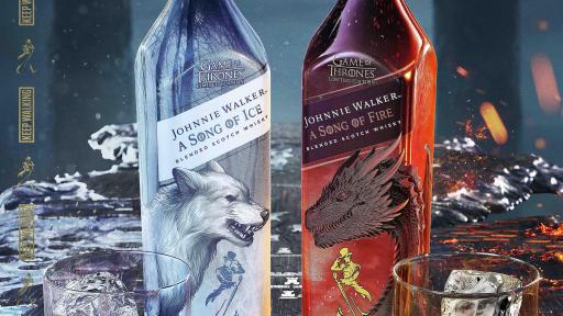 The Johnnie Walker A Song of Ice and A Song of Fire bottles convey the dynamic relationship between House Stark and House Targaryen, represented by their house sigils – the Direwolf and the Dragon – which face-off as a nod to the series storyline.