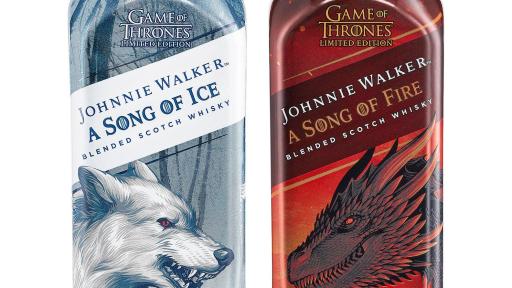 The Johnnie Walker A Song of Ice and A Song of Fire bottles convey the dynamic relationship between House Targaryen and House Stark, represented by their house sigils -- the Direwolf and the Dragon -- which face-off as a nod to the series storyline.