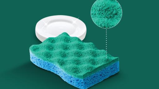 Illustration and close-up of sponge, rinsable scrub sponge!