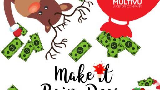 Cartoon reindeer with money and caption, "Make it Rain, Dear" - MultiVu