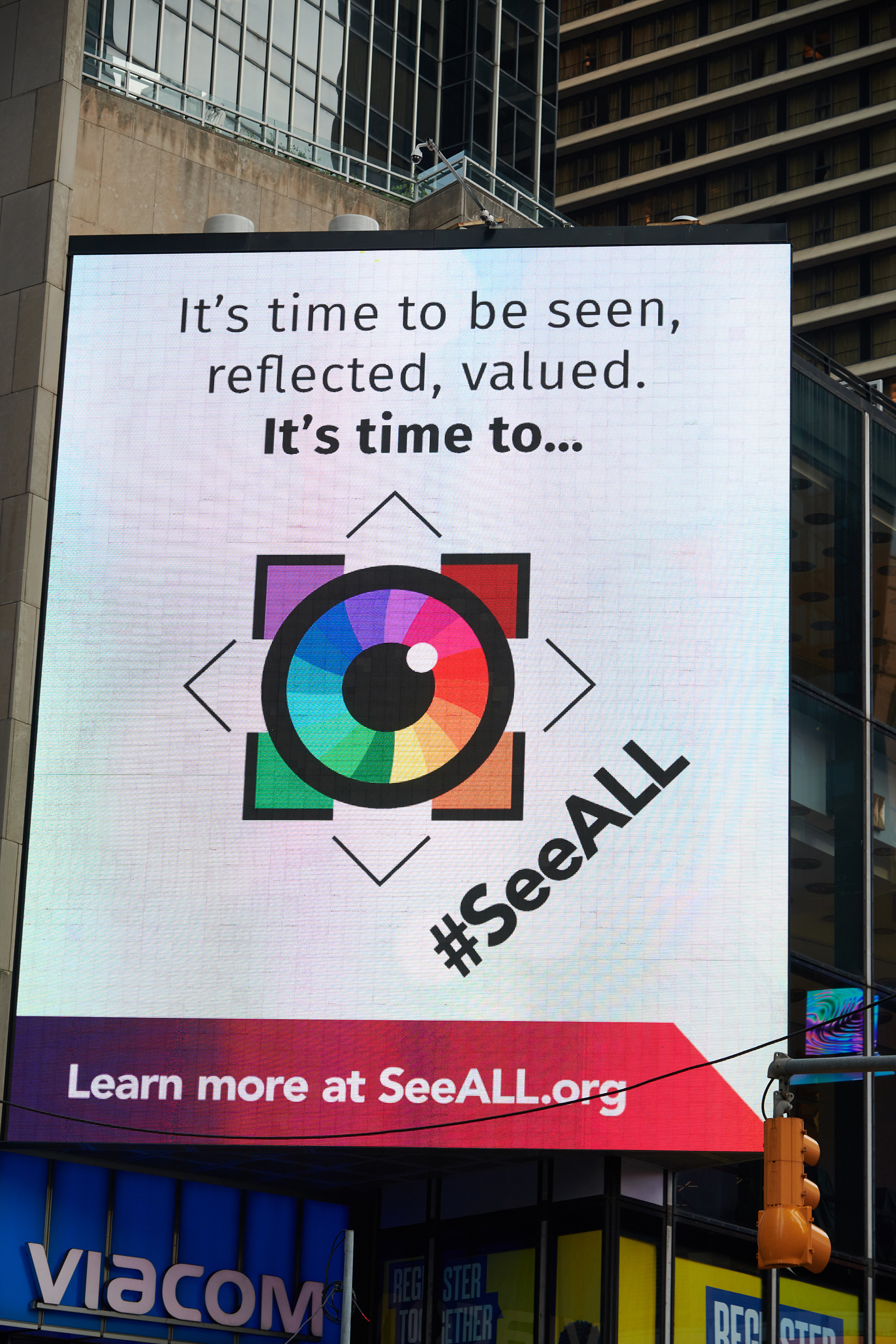 The Association of National Advertisers' (ANA) Alliance for Inclusive and MultiCultural Marketing (AIMM) launches #SeeALL campaign promoting greater diversity and cultural inclusion in brand advertising with a billboard takeover in NYC's Times Square on Monday, Sept. 23, 2019. Photo Credit: AP Images for Alliance for Inclusive and Multicultural Marketing (AIMM)