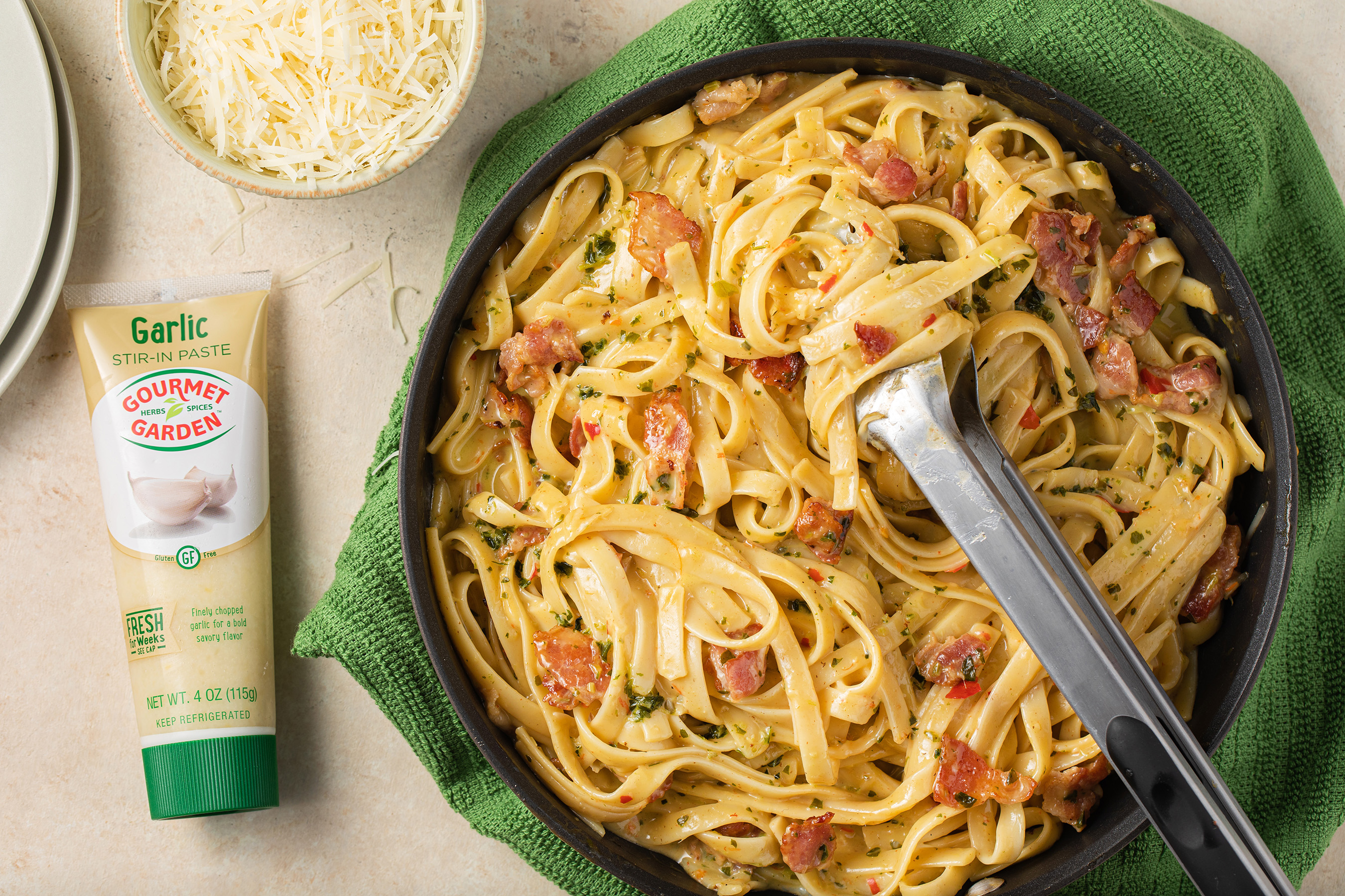 Pasta Carbonara With Basil & Chili Pepper Created by Gourmet Garden