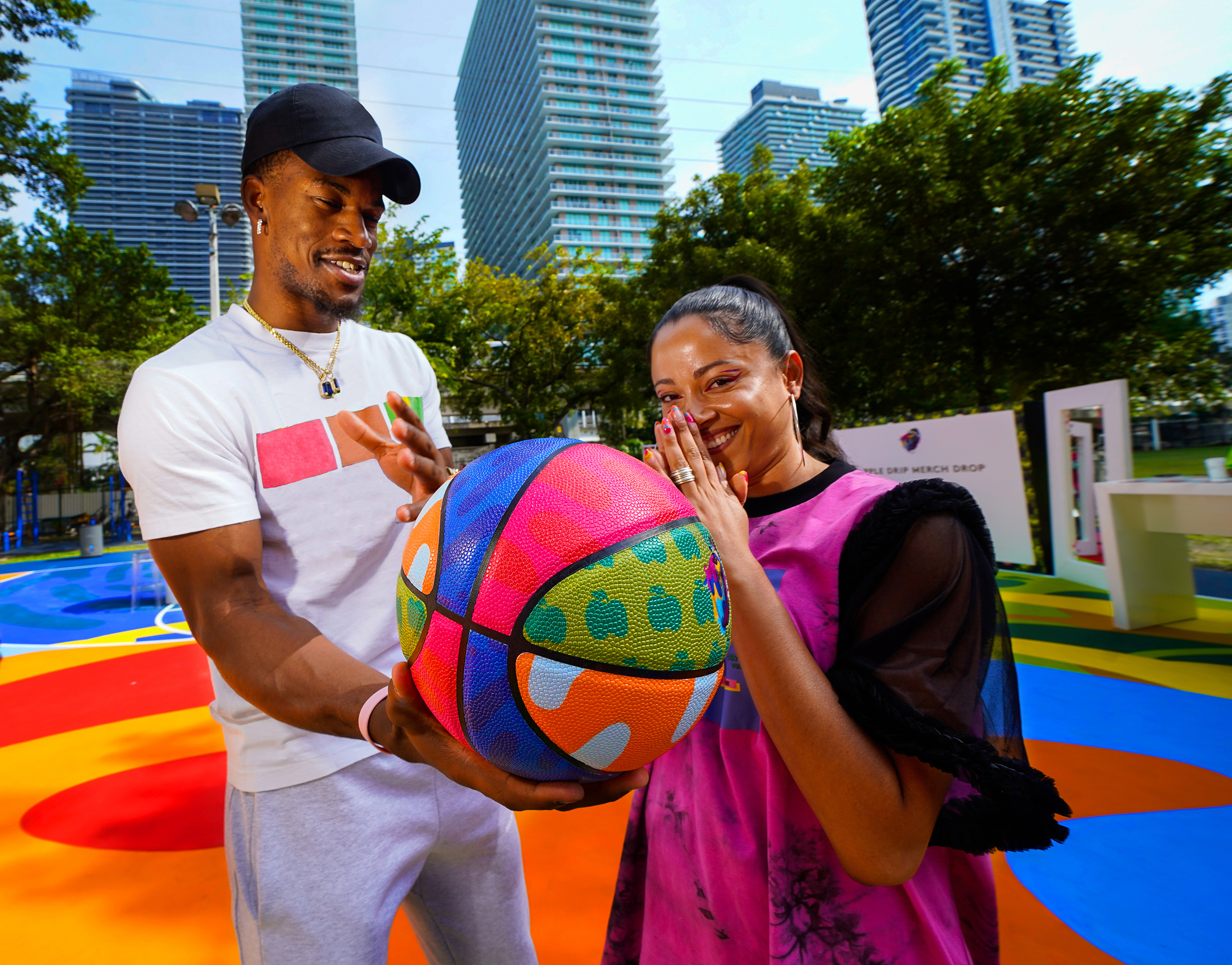 Jimmy Butler and D'Ana of COVL join Crown Royal Regal Apple to give back to the Miami community with The Royal Court at Miami Art Week (Photo by Jack Dempsey for Crown Royal)