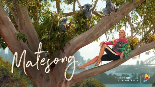 Tourism Australia’s ‘Matesong’ campaign featuring Kylie Minogue in a tree with Koalas