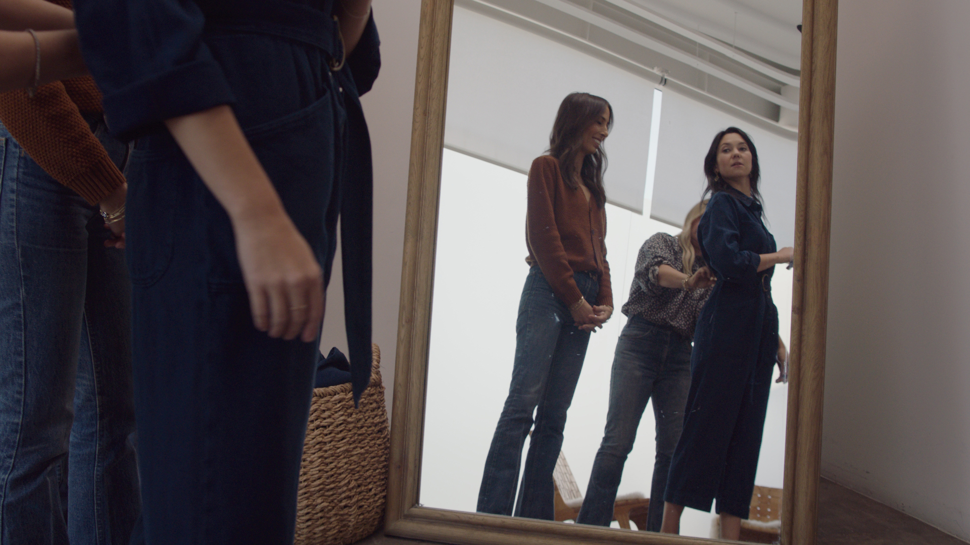 Entrepreneurs and founders of THE GREAT., Meritt Elliott and Emily Current, style their reimagined Rosie denim jumpsuit for the Cotton collaboration for Rosie Reborn with Julia Gamolina, acclaimed leader in the architecture world. Photo Credit: Cotton Incorporated