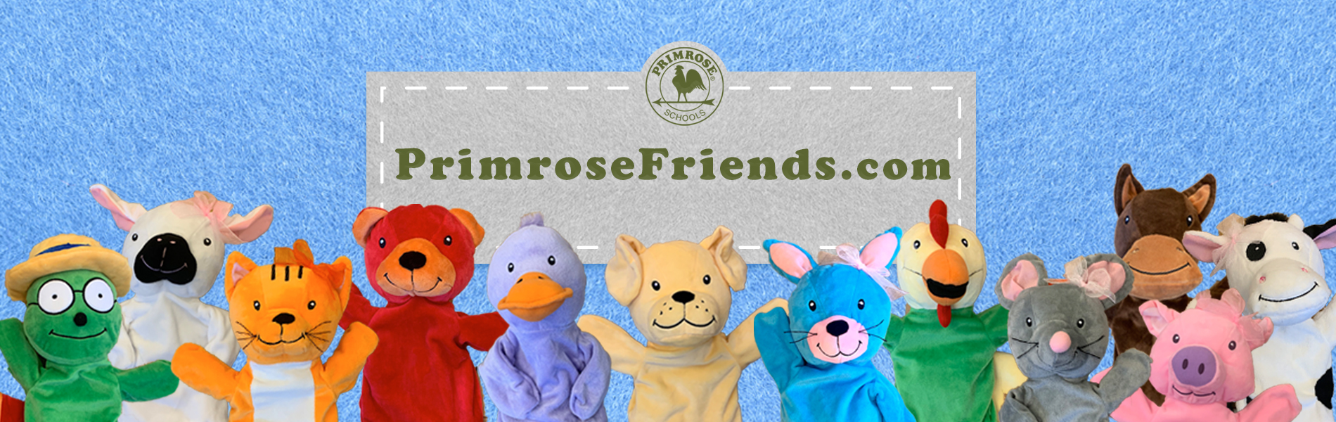 PrimroseFriends.com banner featuring animal puppets