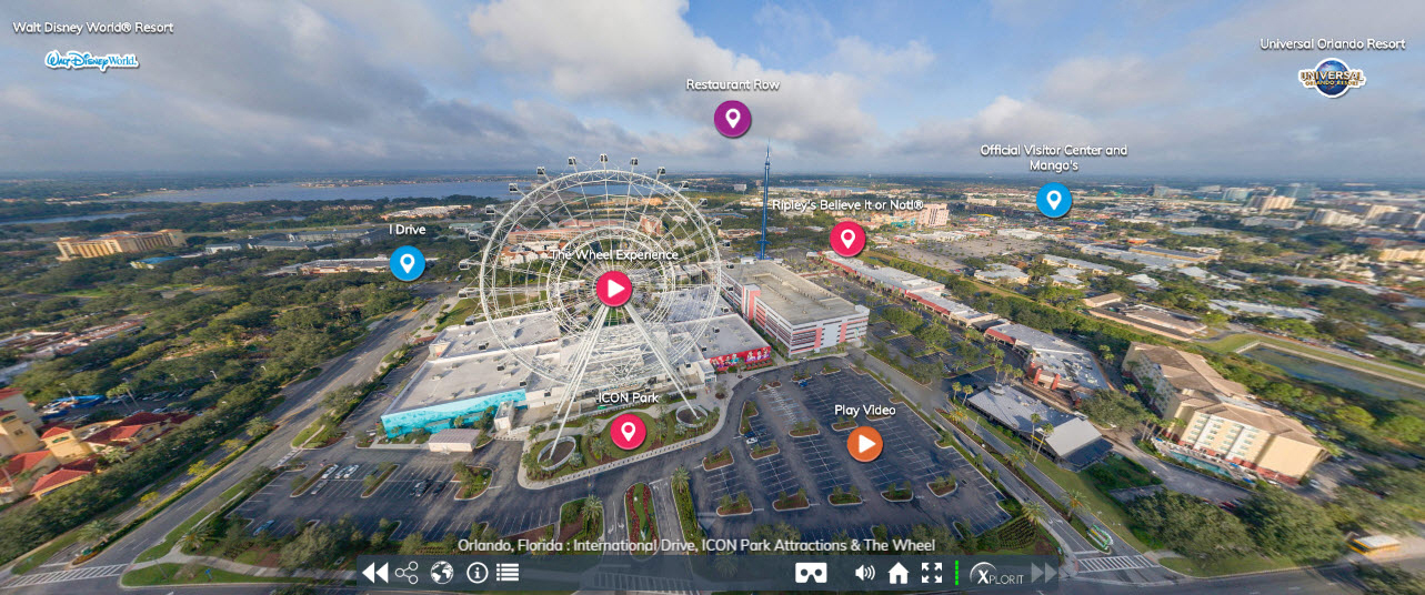 The Orlando Virtual Tour includes 360-degree views of some of the destination's most iconic attractions, like the Wheel at ICON Park, pictured here within the virtual experience.
