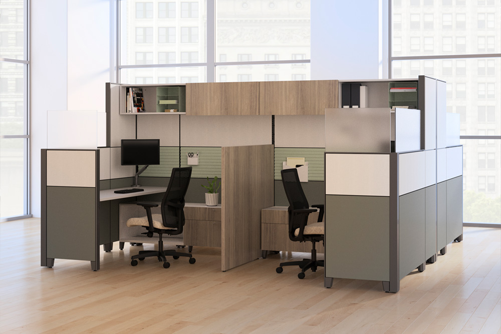 Abound, Accelerate, and Verse panels are available in cleanable vinyl or laminate options to help prevent the spread of germs within individual workstations. Glass stack-ons can be added to many installations to increase the panel height, while still letting in natural light.