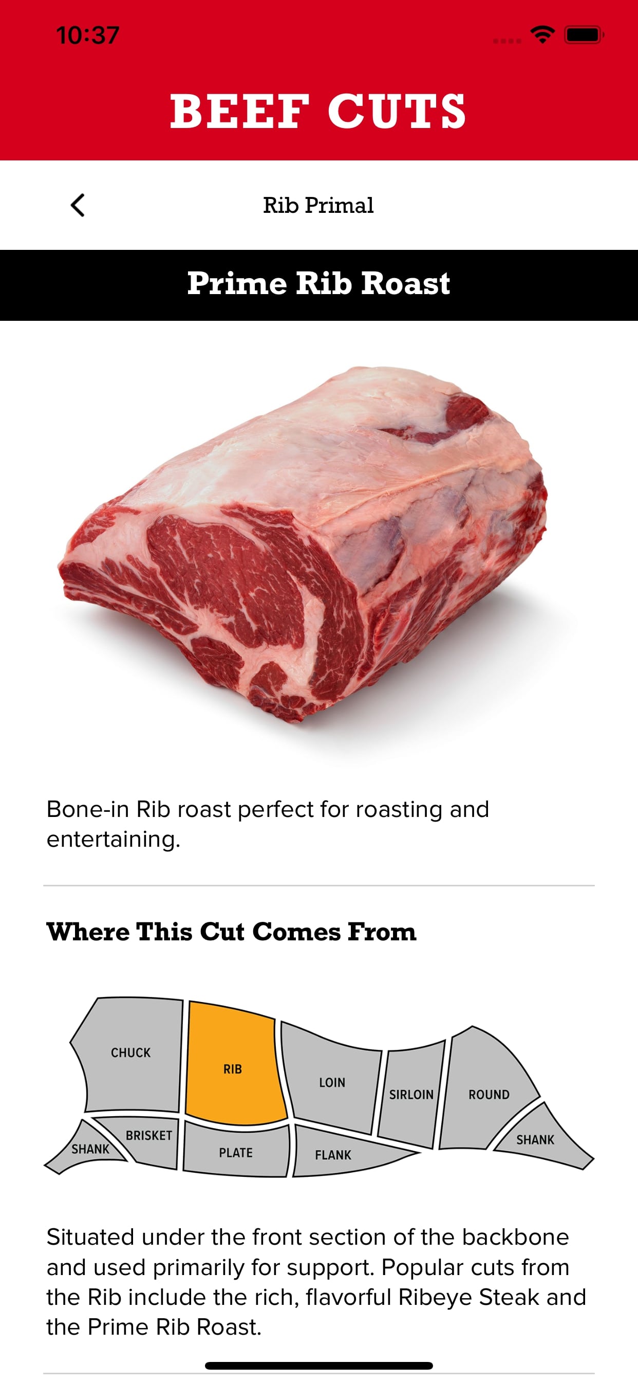 Beef cuts can be accessed right from the home screen, with cuts sorted by both Primals and Cut Type.