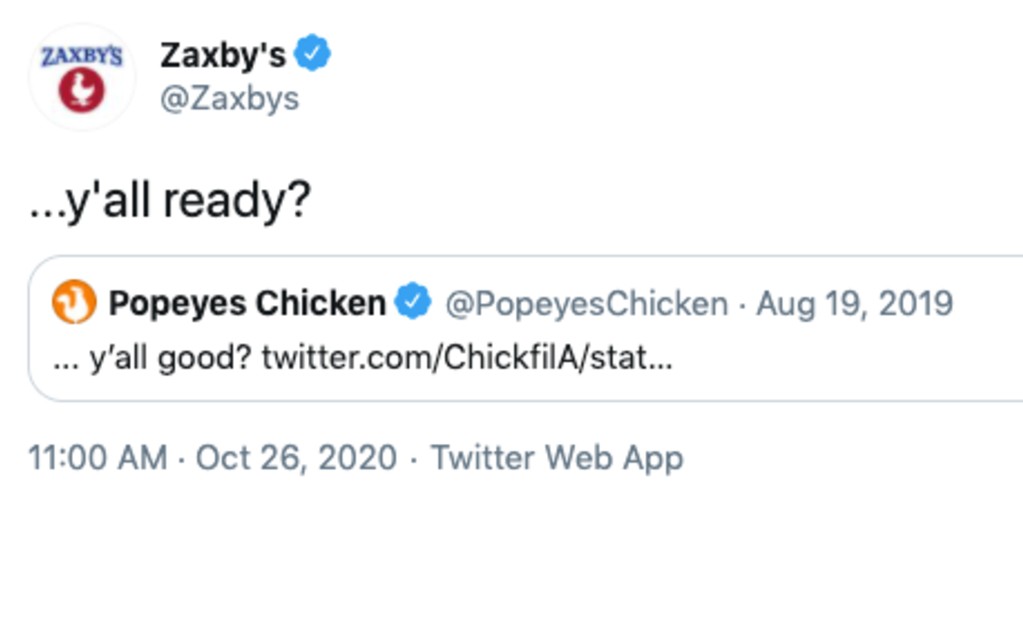 Zaxby’s fired off the tweet that reignited the chicken sandwich wars. For enemies of the chicken state, it was a shot across the beak.