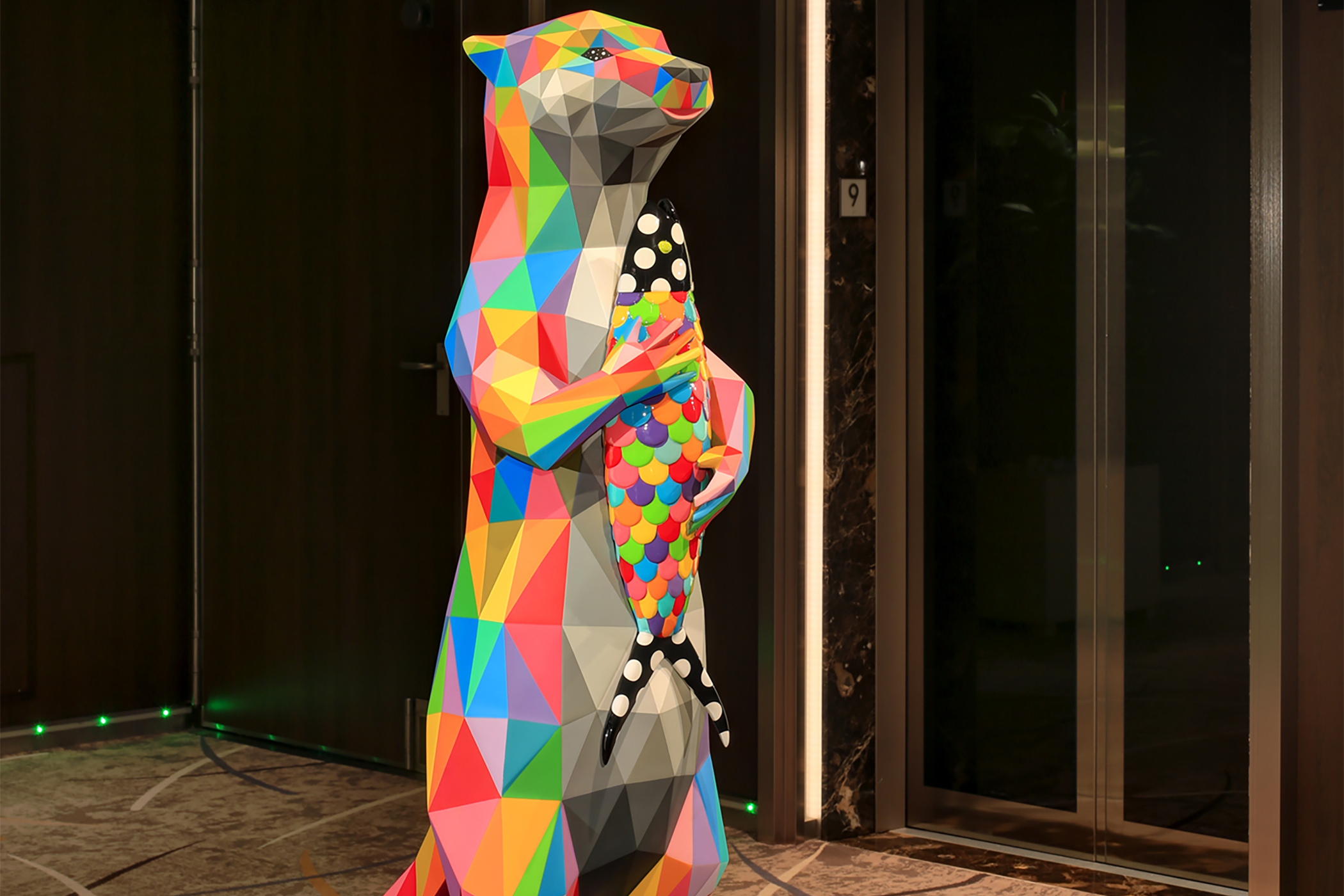 Okuda San Miguel’s fiberglass sculpture of an otter in the aft stairwell lobby on Deck 9