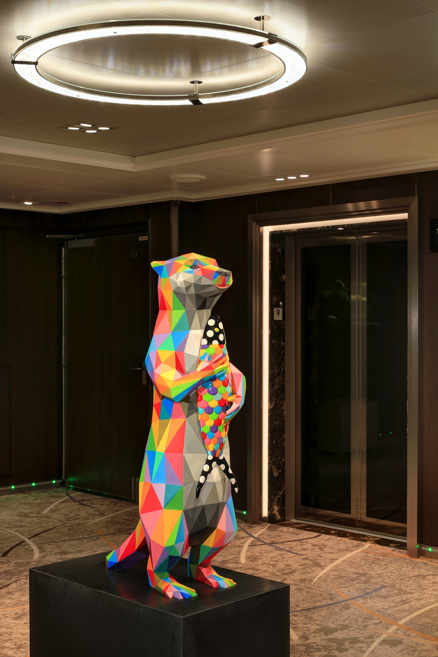 Okuda San Miguel’s fiberglass sculpture of an otter in the aft stairwell lobby on Deck 9
