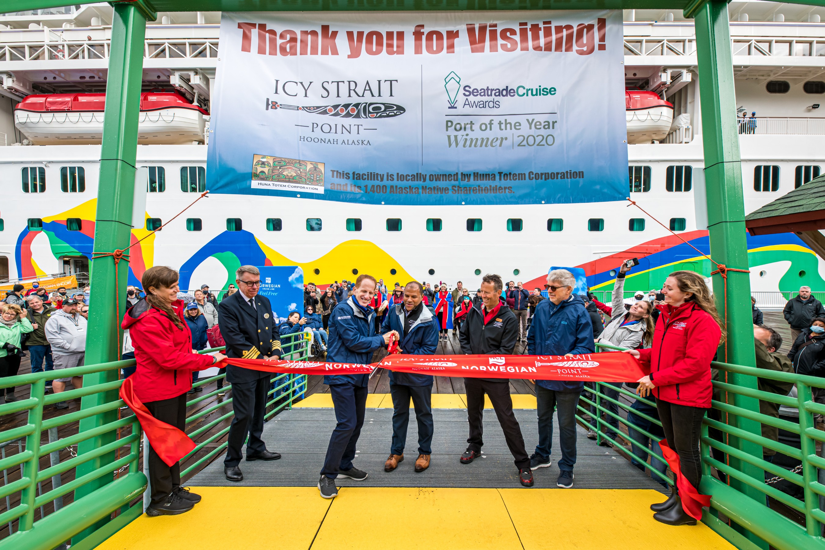 A ribbon cutting ceremony was held on Aug. 10, 2021 in Icy Strait Point, Alaska to celebrate the opening of the new Wilderness Landing pier built in partnership with Norwegian Cruise Line Holdings Ltd. and Huna Totem Corporation. NCL President and CEO Harry Sommer and Huna Totem Corporation CEO Russell Dick ceremoniously cut the ribbon and open the new pier. Photos by Alive Coverage  (August 2021)
