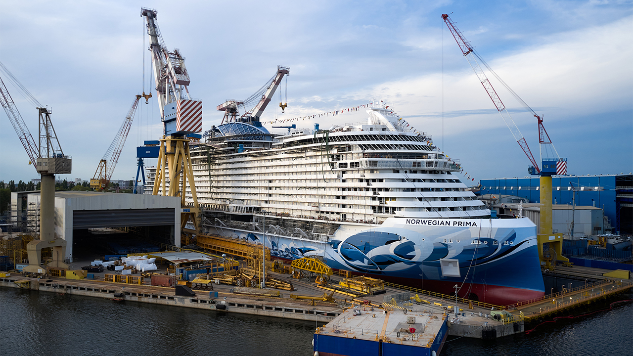 Norwegian Prima, the first of six ships within NCL’s all new Prima Class, floats out from her dry dock at Fincantieri shipyard in Marghera, Italy, on Aug. 11, 2021, marking a major construction milestone and the first time the new vessel touches water.  Photo by ©Filippo Vinardi