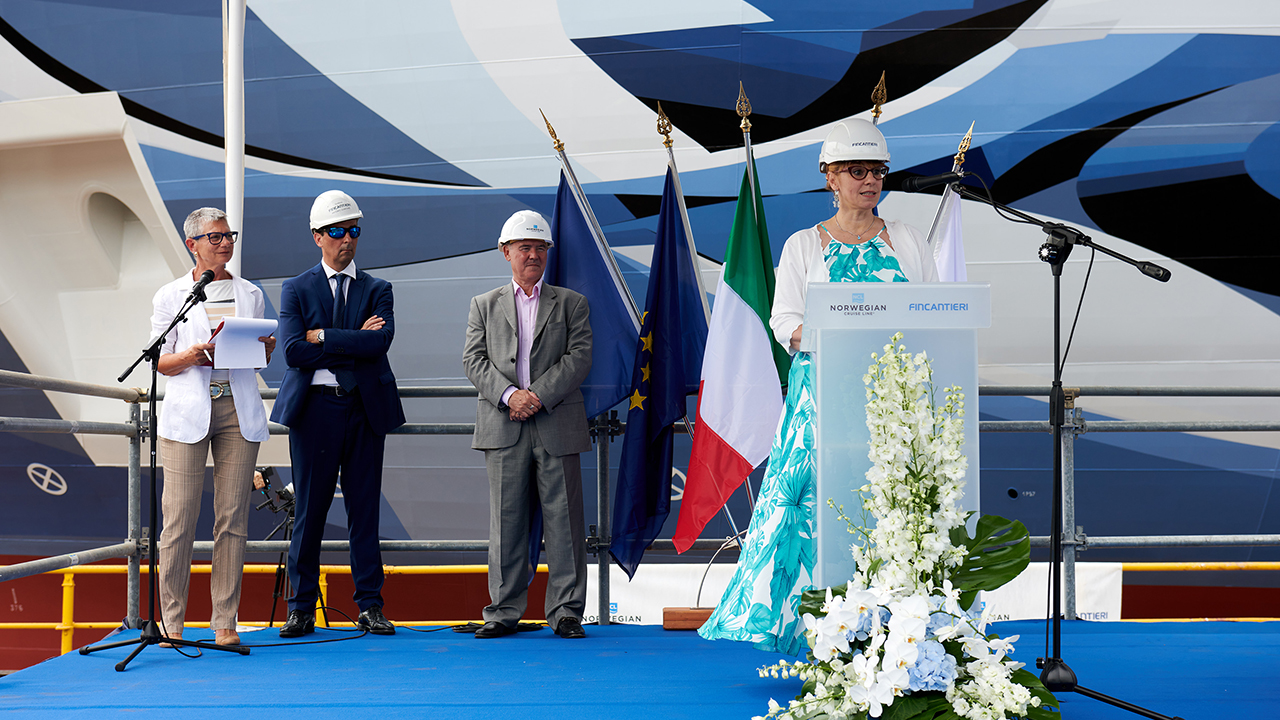 Tatiana Lazzarin, Head of Machinery Room Outfitting Technical Office of Fincantieri, was named the Shipyard Godmother during Norwegian Prima’s float out and coin ceremony on Aug. 11, 2021 at the Fincantieri shipyard in Marghera, Italy. Photo by © Filippo Vinardi