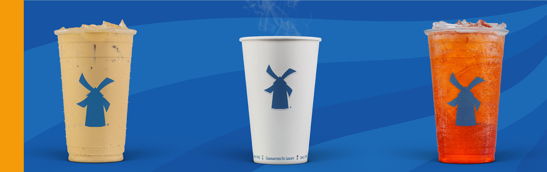 Dutch Bros cold coffee, hot coffee and tea on a blue banner