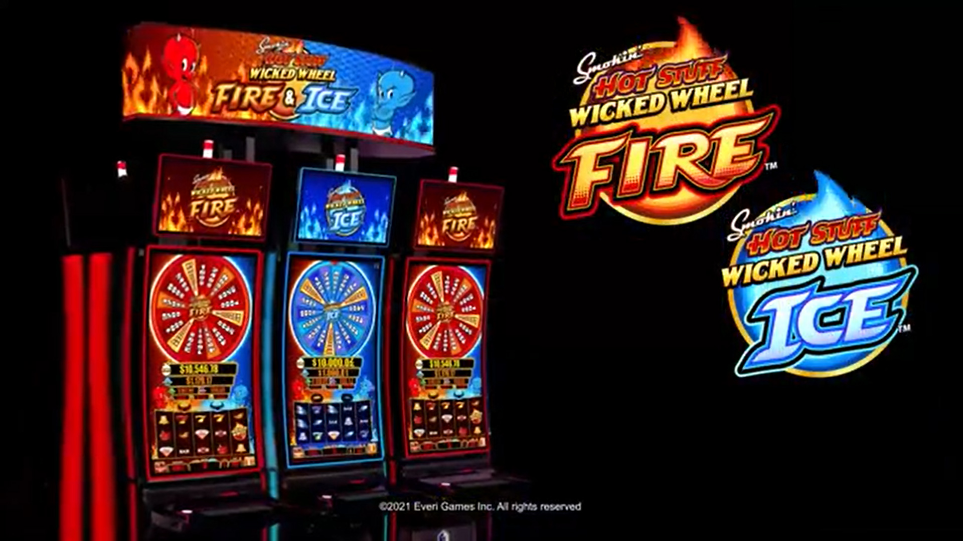 The Smokin’ Hot Stuff Wicked Wheel Fire & Ice titles are 243 Ways™ games that consist of seven linked progressive prizes, two pick bonuses, two wild accumulators, and the iconic, player-popular Wicked Wheel bonus