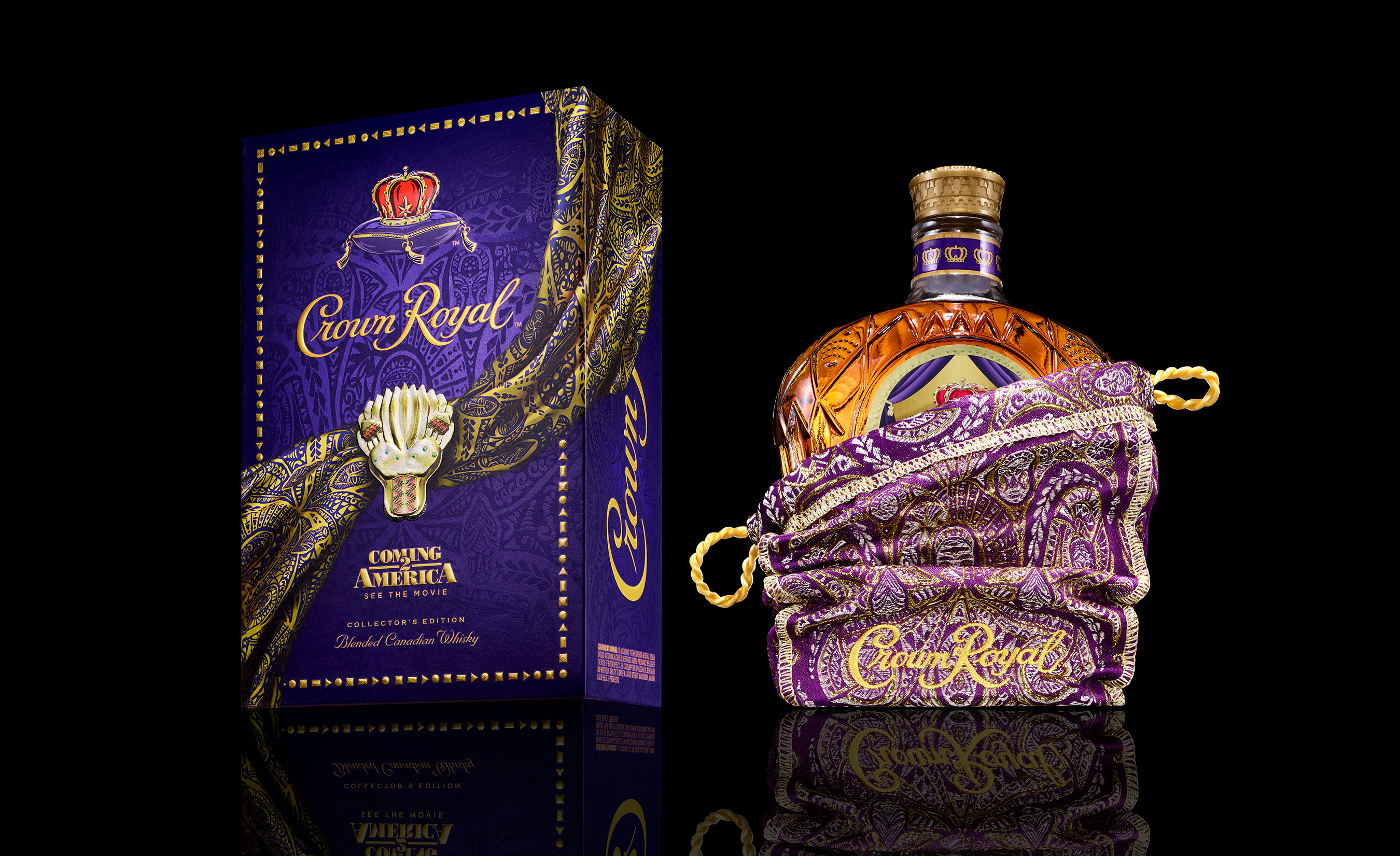 Crown Royal Collector's edition Coming 2 America packaging and purple + gold stitched bag designed by Ruth E. Carter.
