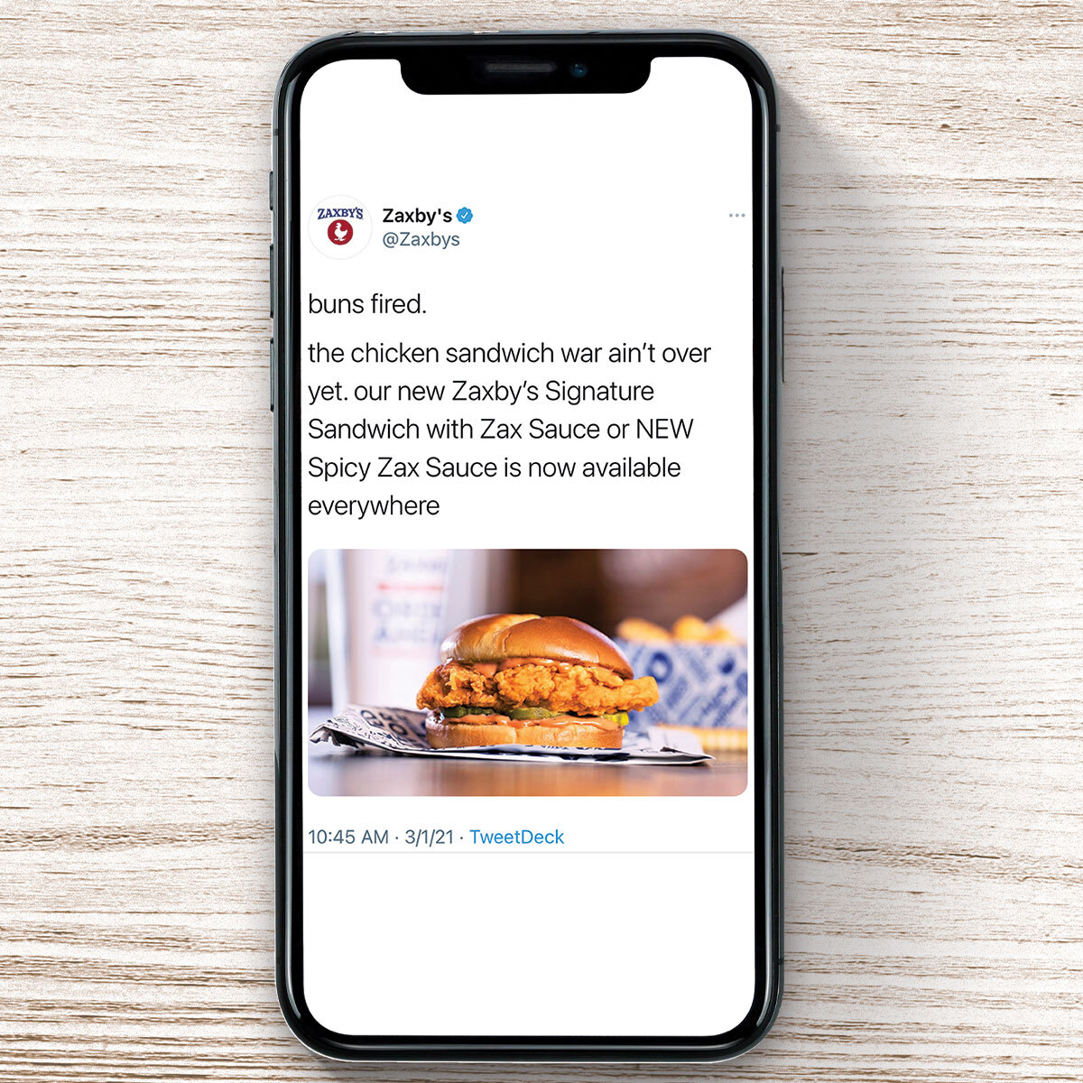 Zaxby’s commemorated the national rollout of its Signature Sandwich with a "buns fired" tweet.