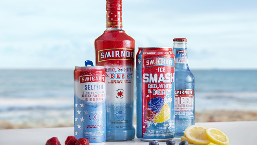 Product shot Smirnoff Ice SMASH Red with bottles and cans