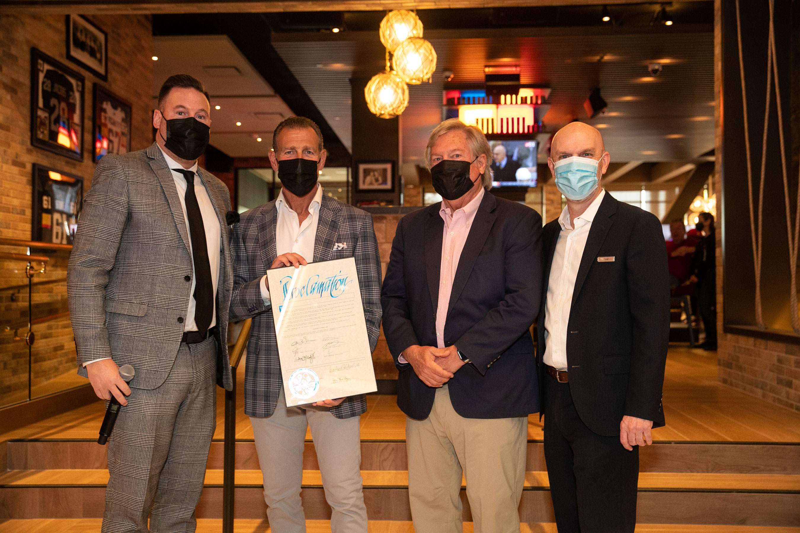 October 21, 2021 is officially proclaimed Chickie’s & Pete’s Day on the Las Vegas Strip. (L-R) Anthony Olheiser, Pete Ciarrocchi, Clark County Commissioner Tick Segerblom, and Paul Hobson