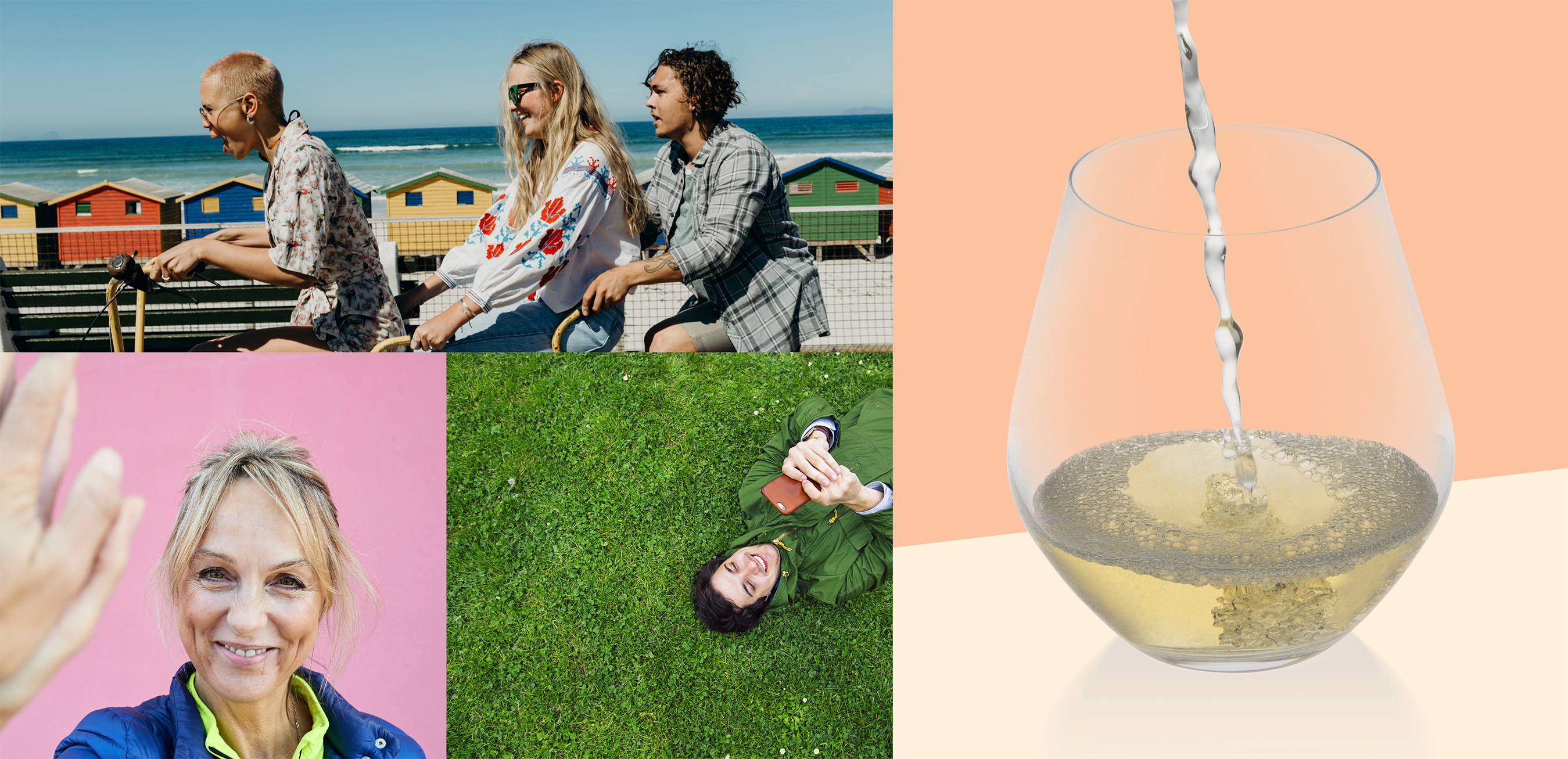 Collage of images: people biking, a woman high-fiving someone, a person lying in a grass field, and a drink