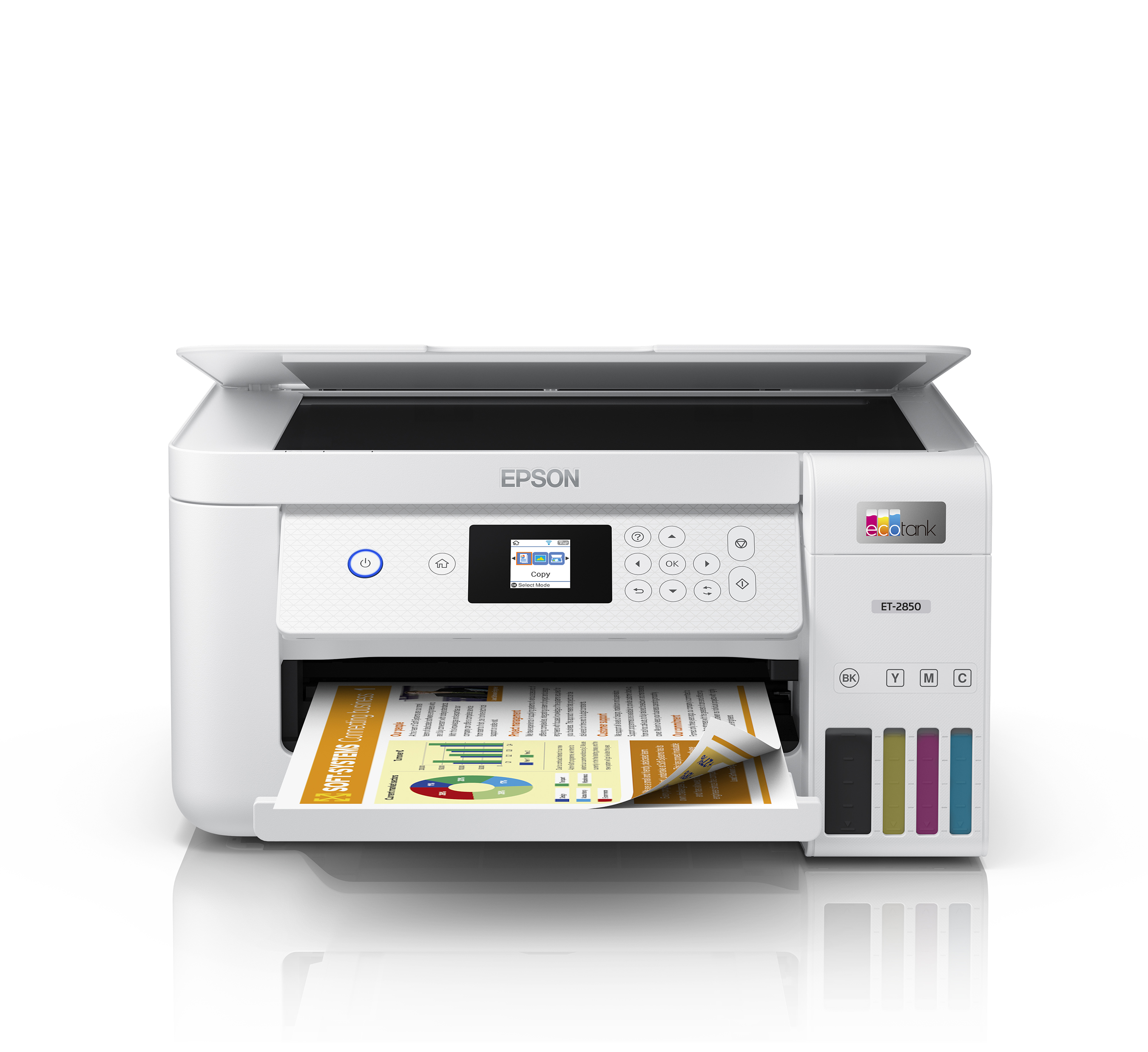 The EcoTank ET-2850 offers 2-sided printing with a built-in scanner and copier, ideal for family home printing.
