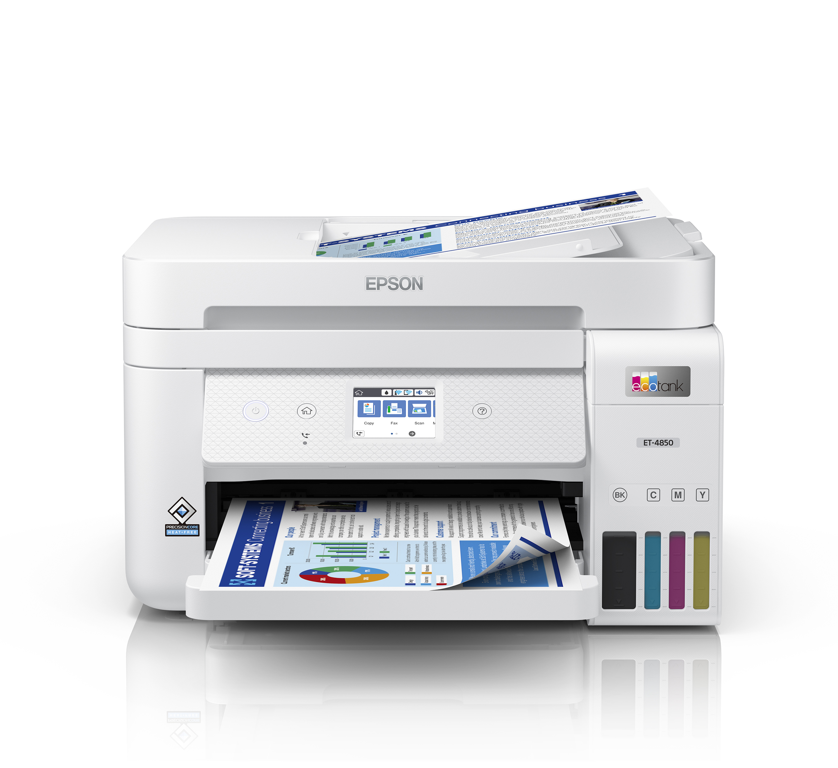 The EcoTank ET-4850 offers premium productivity features - fax, productive paper handling, a high-resolution flatbed scanner, and a convenient 2.4" color touchscreen, making it the best option for office printing.