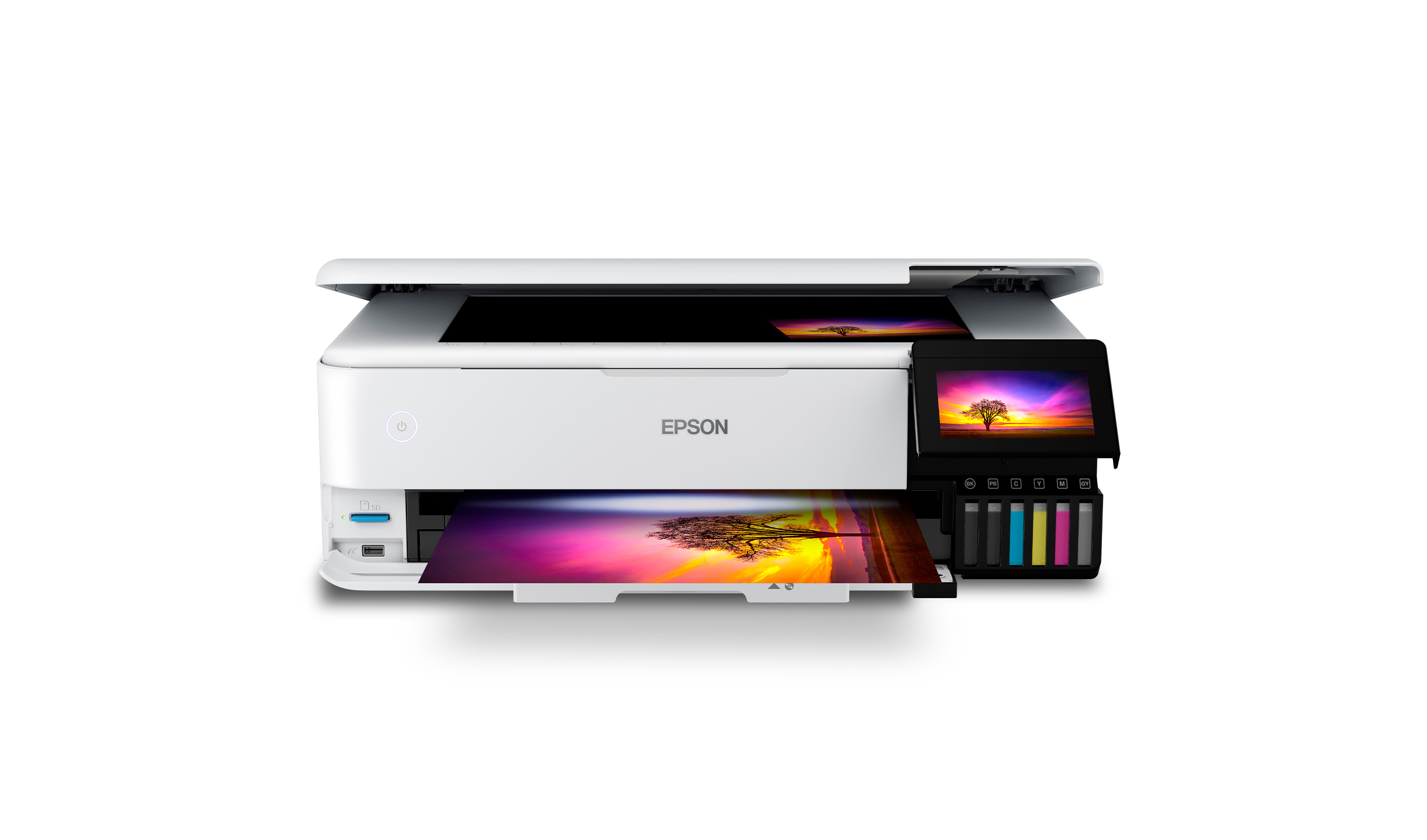 The EcoTank Photo ET-8550 offers lab-quality graphics for printing borderless 13" x 19" photos and more with affordable cartridge-free printing for creative professionals and at home hobbyists.