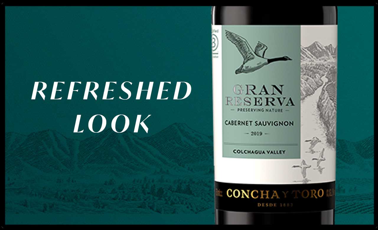 Gran Reserva’s reimagined front label showcases estate site Ucúquer Vineyard in the Colchagua Valley, through which the Rapel River flows on its journey from the Andes to the Pacific Ocean. The new label also highlights B Corp Certification.