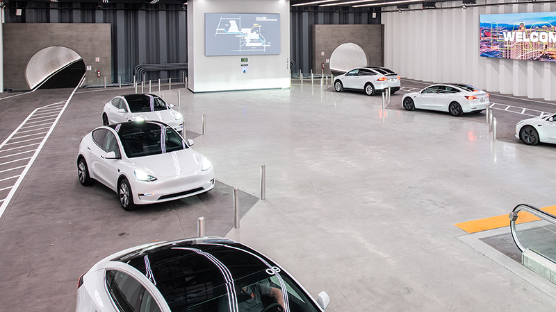 Tesla vehicles parked in the Central Station of the Las Vegas Convention Center Loop