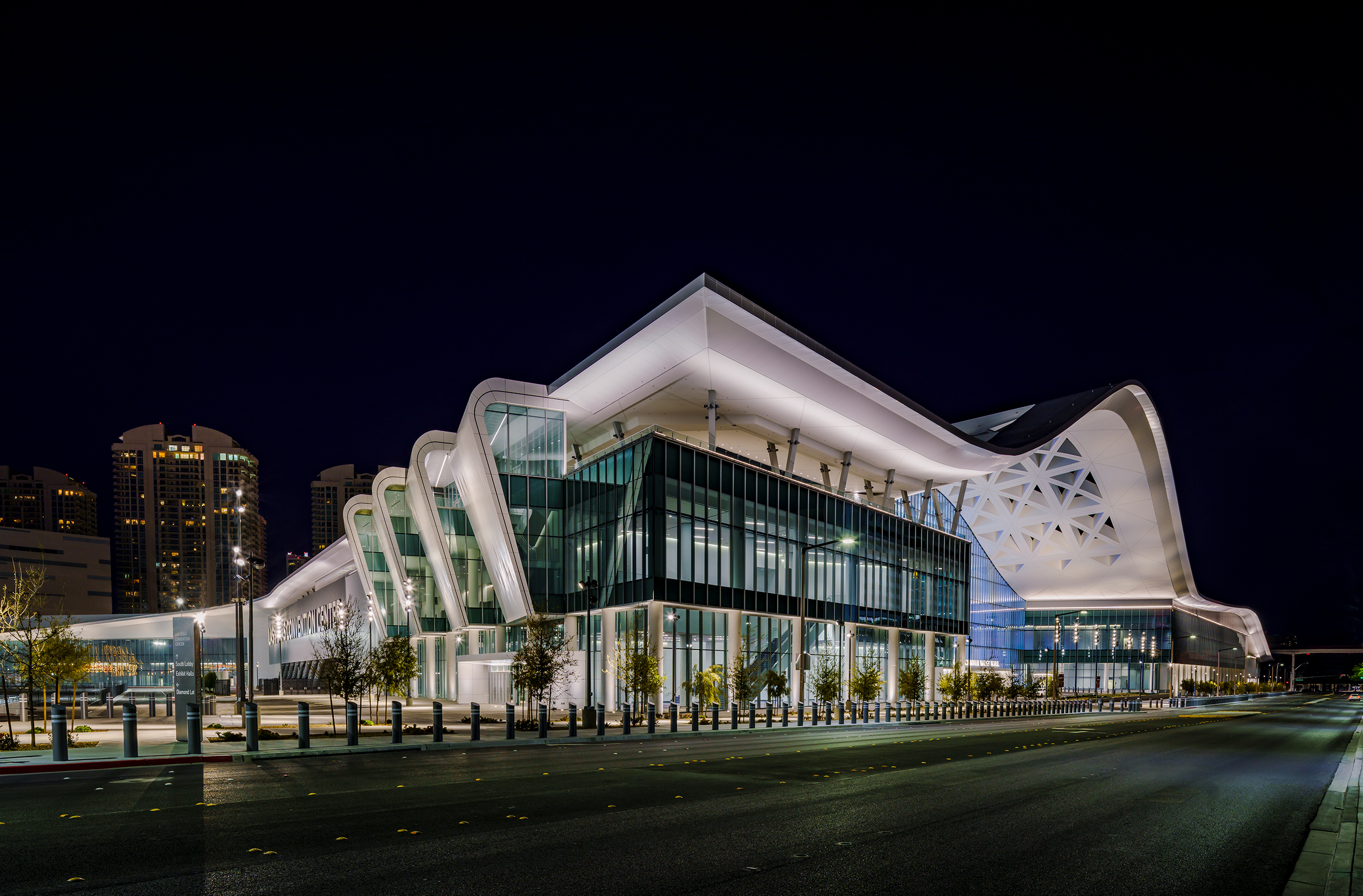 The $1 billion Las Vegas Convention Center West Hall expansion as seen at night 