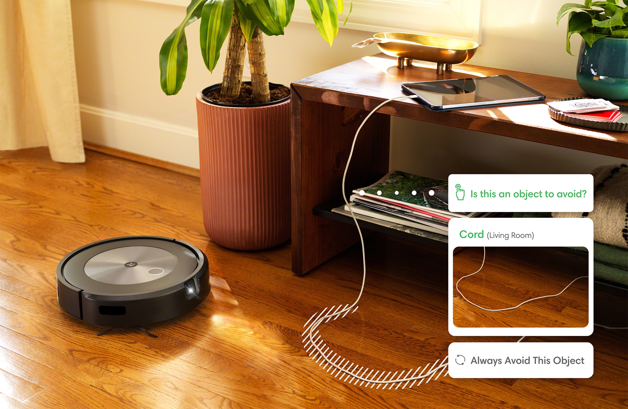 The iRobot Roomba j7+ reacts to objects in the home with PrecisionVision Navigation, giving the robot the ability to identify and avoid common obstacles, such as cords.