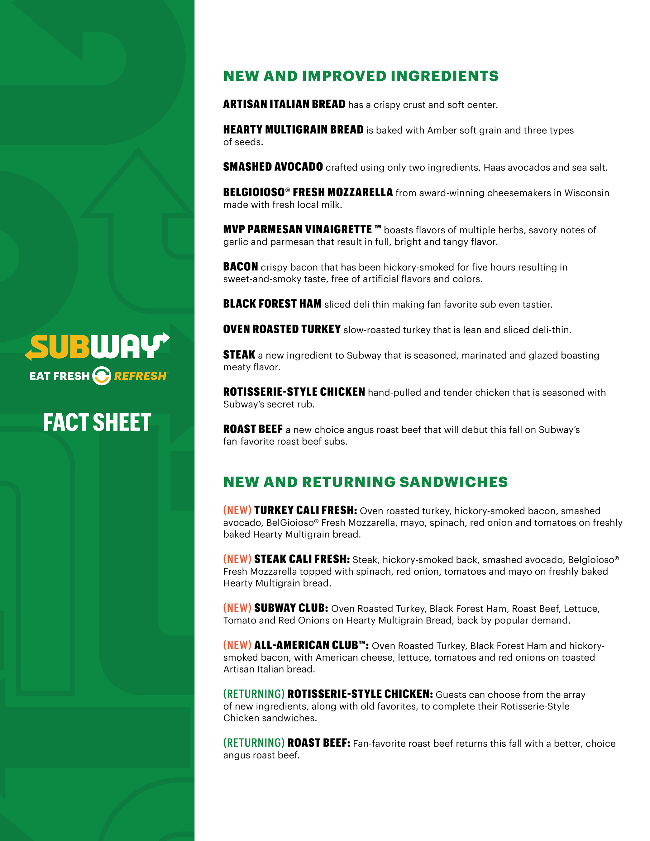 Subway® Eat Fresh Refresh™ Fact Sheet