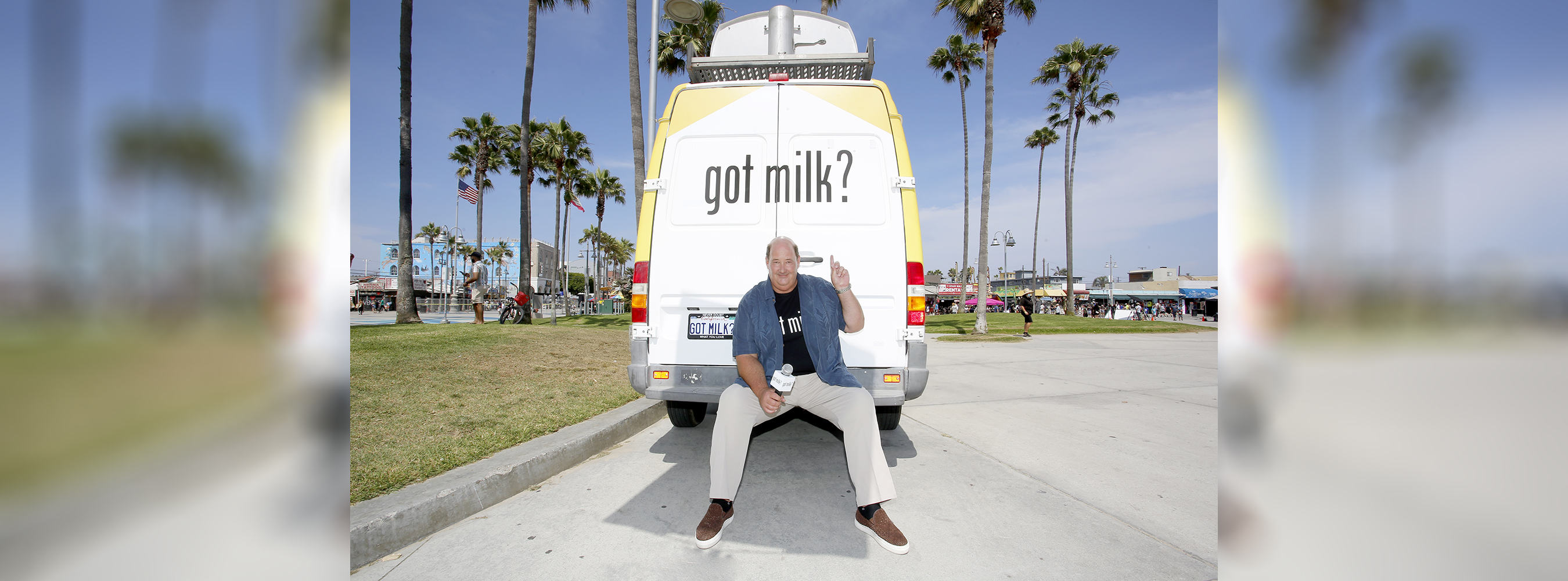 Brian Baumgartner, sitting on the back of the Got Milk Van