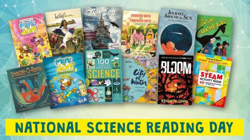Banner with various books that says National Science Reading Day