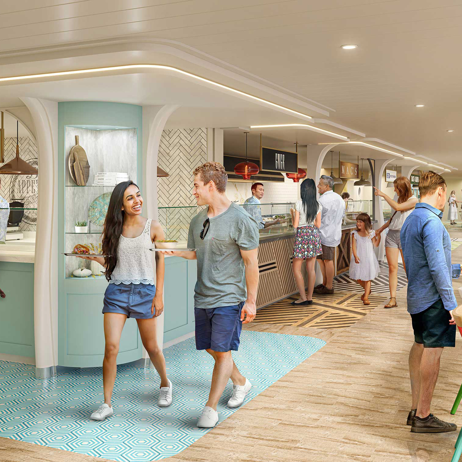 AquaDome Market, Royal Caribbean’s first food hall, features a range of flavors across five different stalls and a selection of wines and beer on Icon of the Seas.