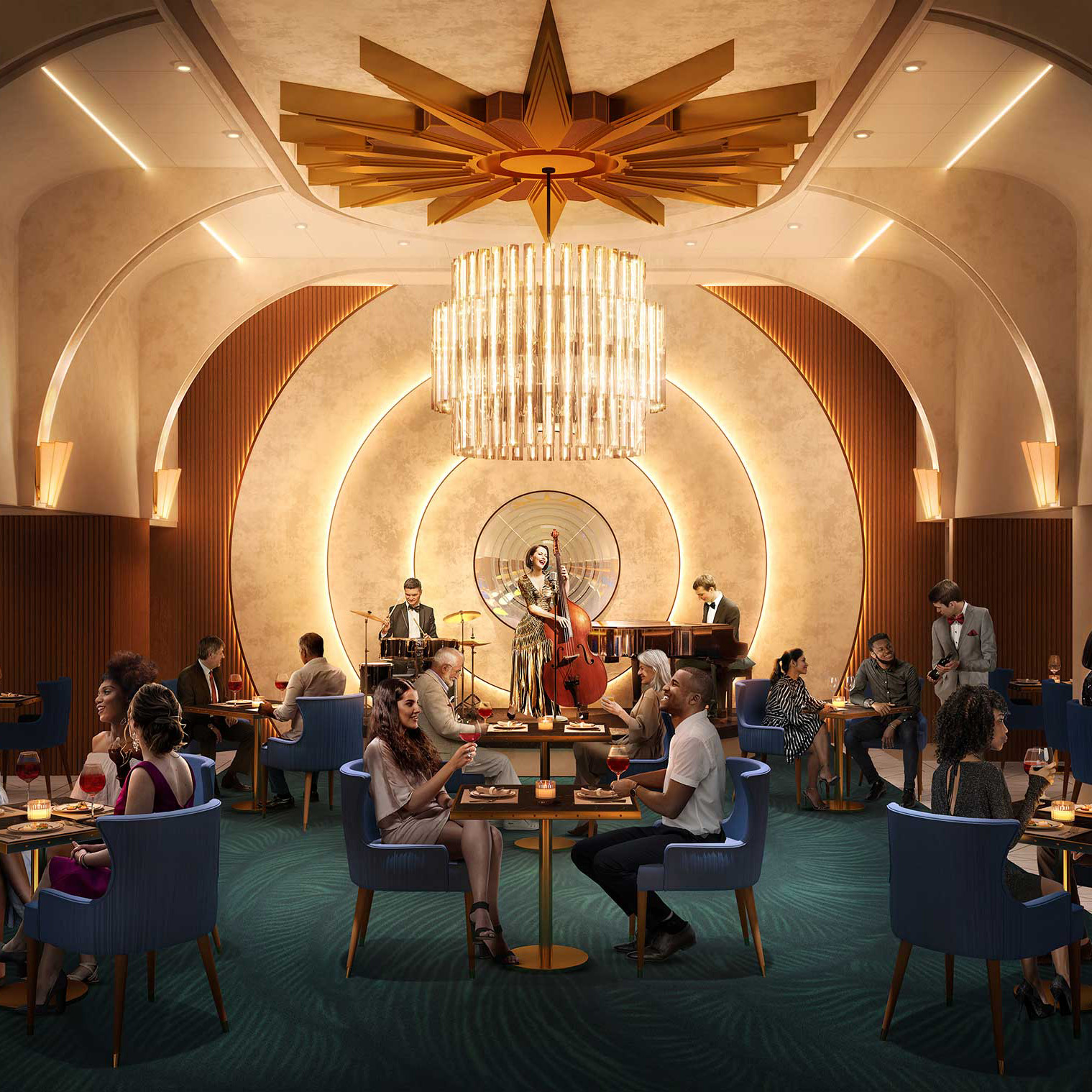 Icon of the Seas’ new Empire Supper Club in Central Park is an eight-course experience, serving premium American cuisine and tunes from a swanky three-piece band.
