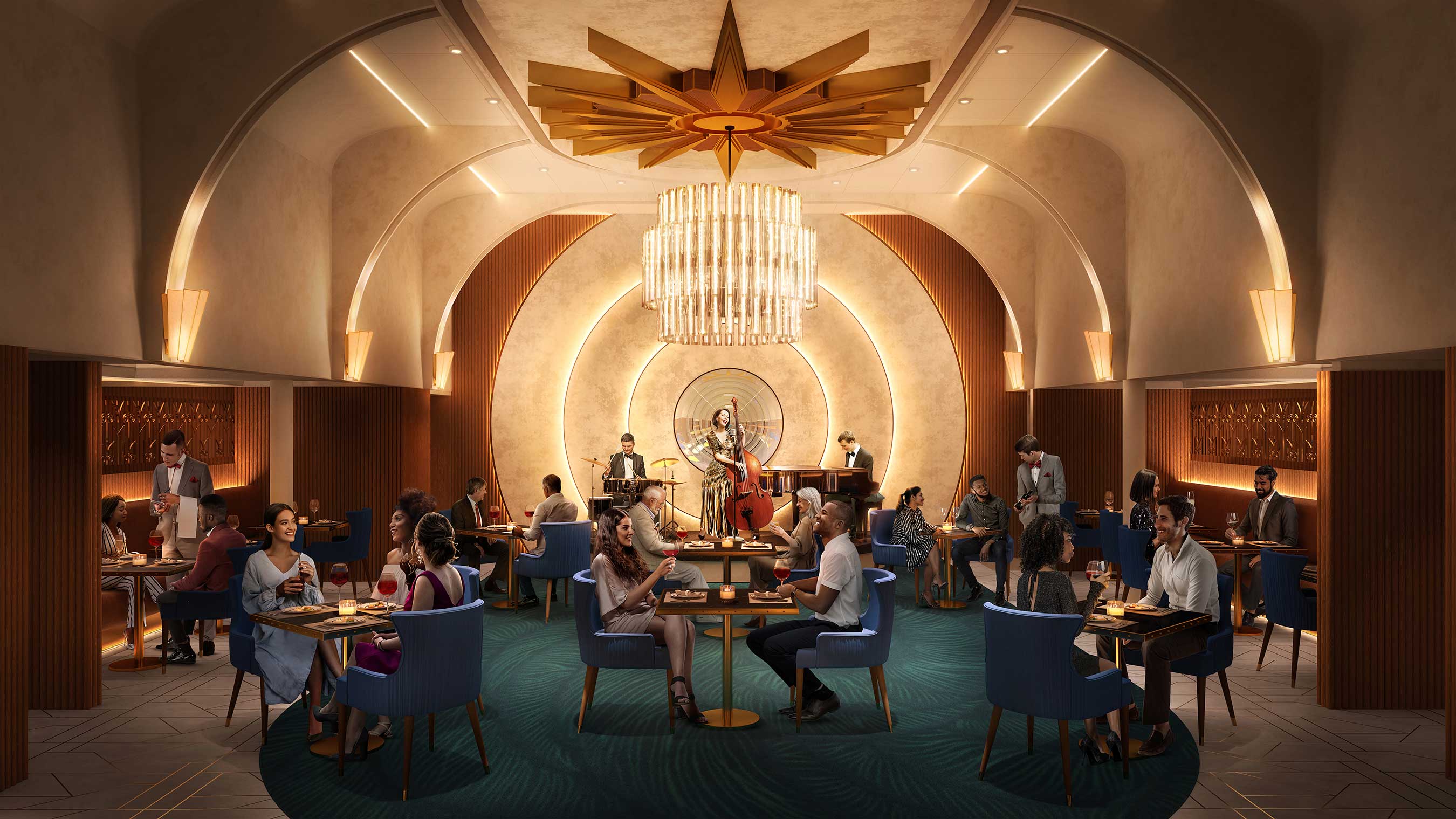 Icon of the Seas' new Empire Supper Club in Central Park is an eight-course experience, serving up premium American cuisine and tunes from a swanky three-piece band.