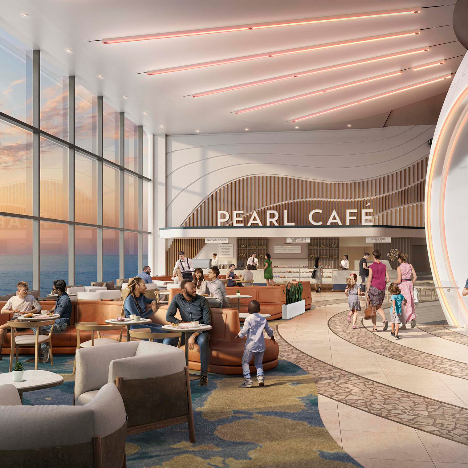 The Pearl Cafe is a new stop to enjoy bites, like freshly pressed paninis and salads, and the floor-to-ceiling ocean views in Icon of the Seas’ Royal Promenade.