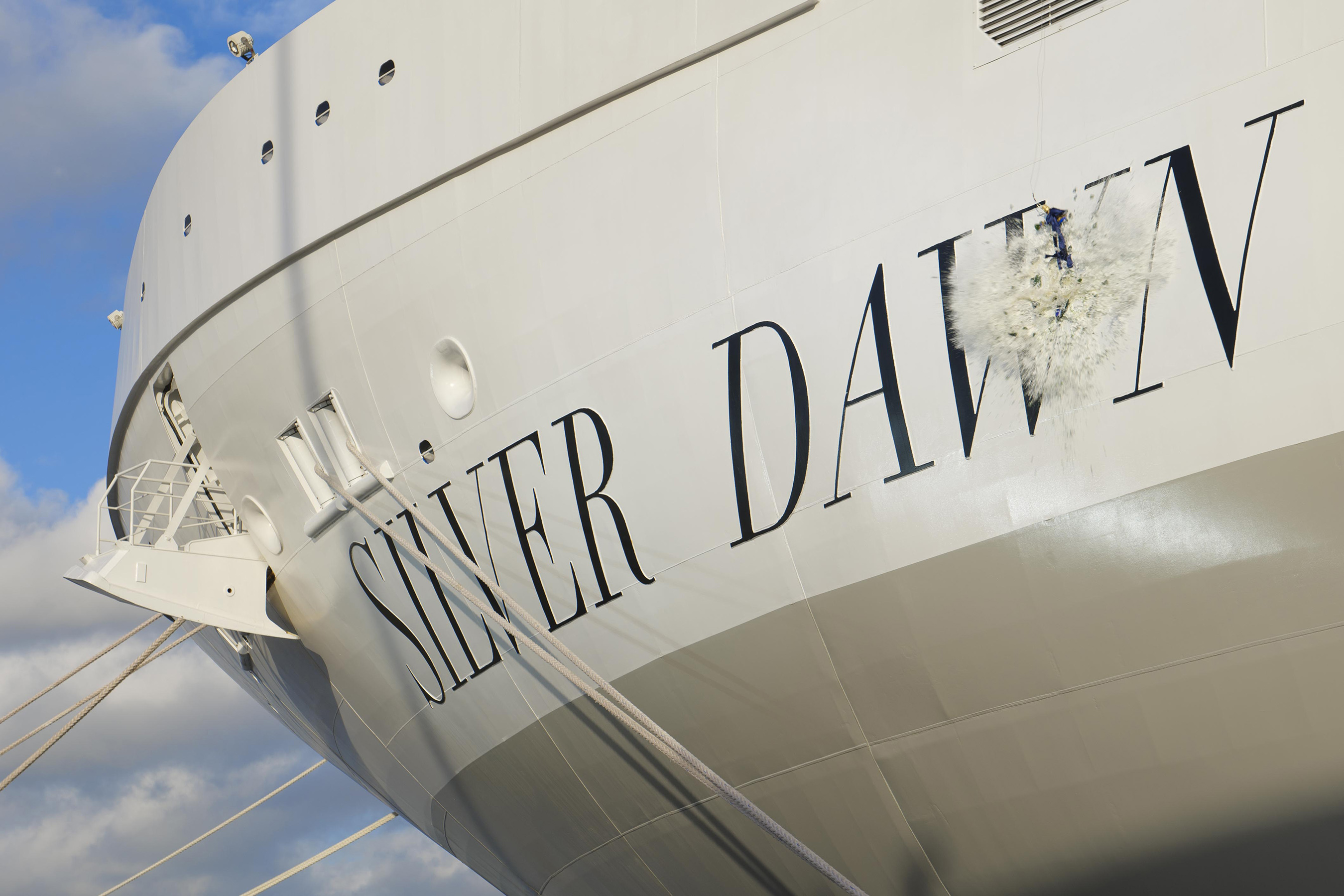 A maritime tradition, a bottle of champagne smashed on Silver Dawn’s hull to mark her official naming.