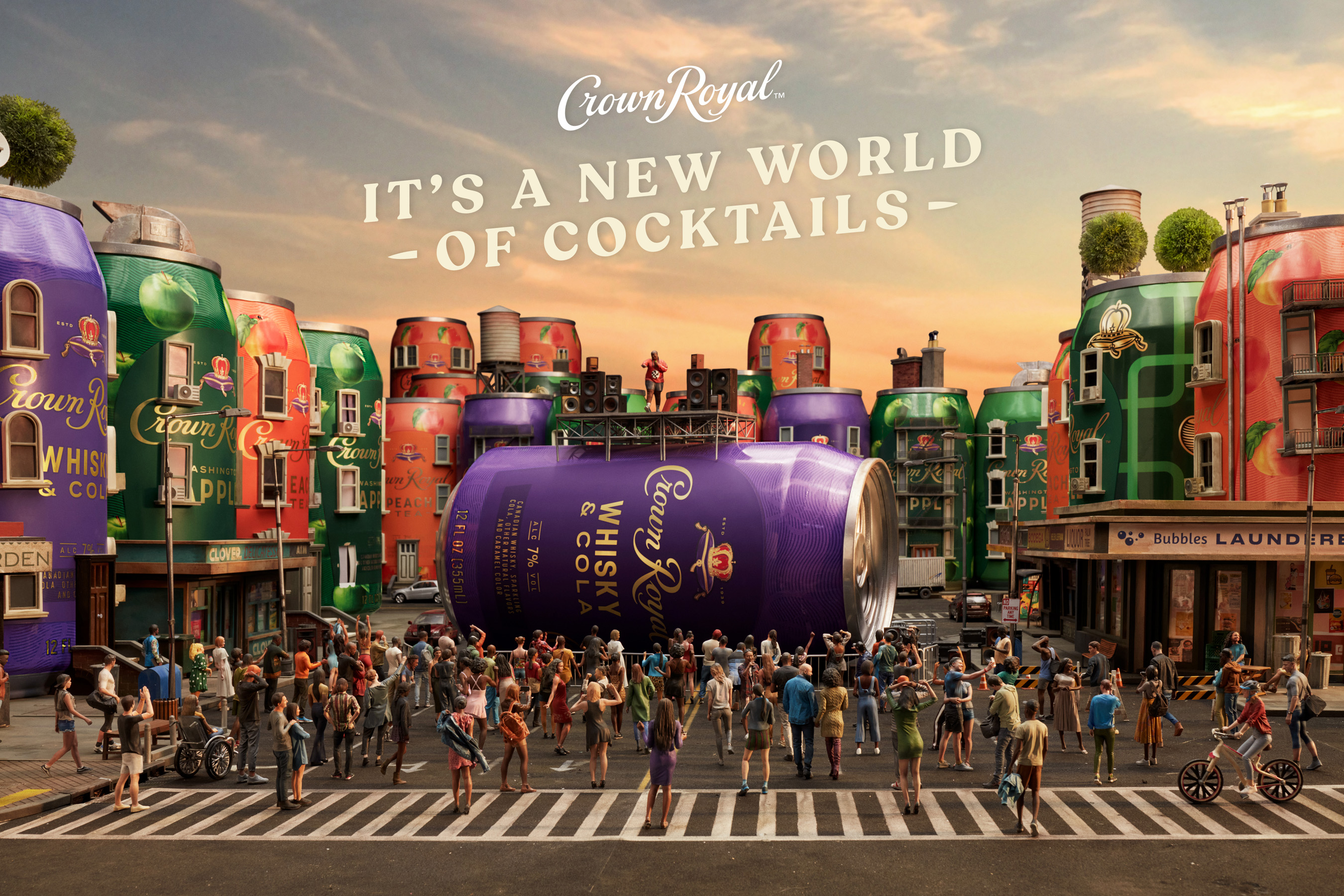 Crown Royal illustration of people playing basketball by a giant Crown Royal can