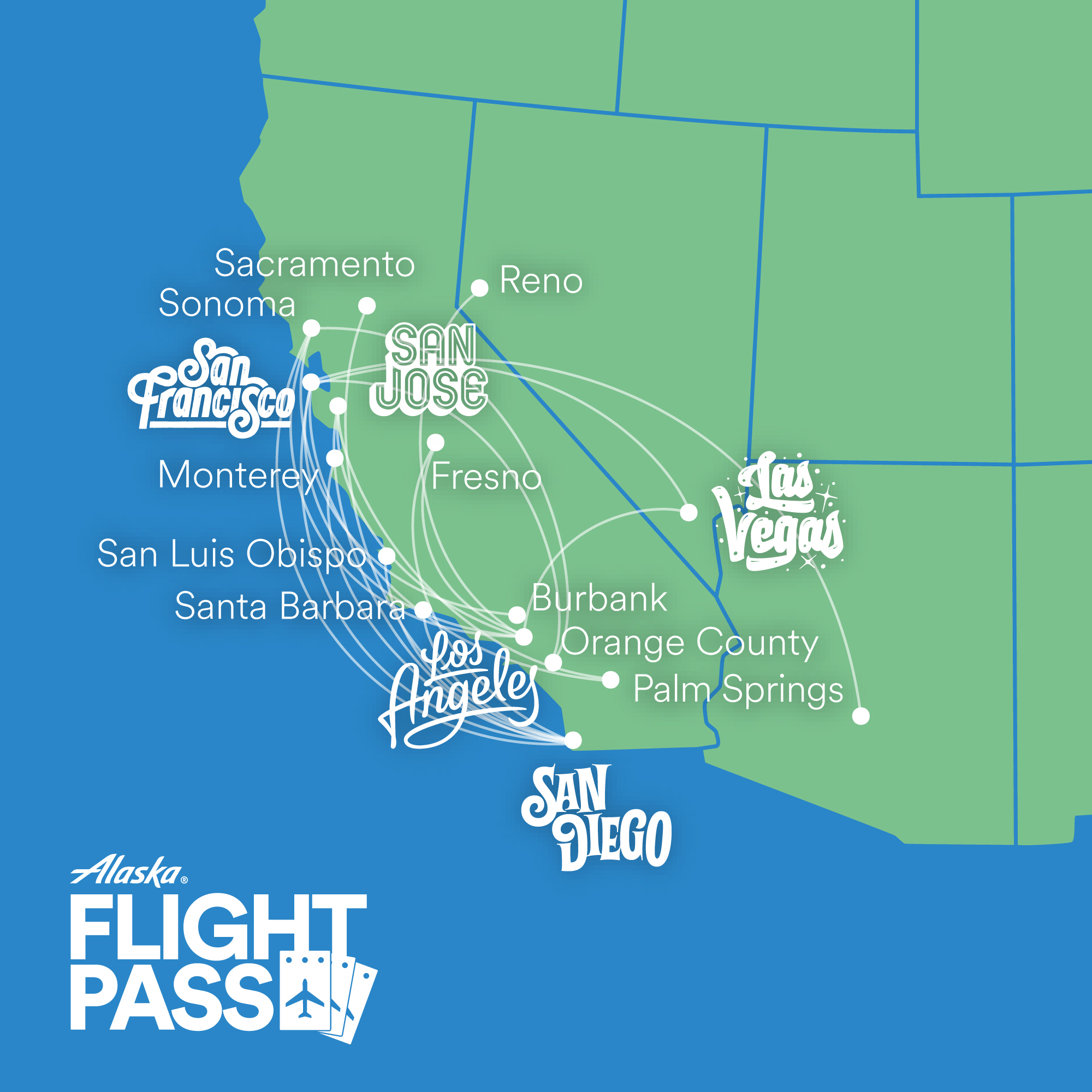 Flight Pass subscribers can choose from 100 daily flights connecting 13 California airports to each other and nonstop between California to Reno, Phoenix and Las Vegas.