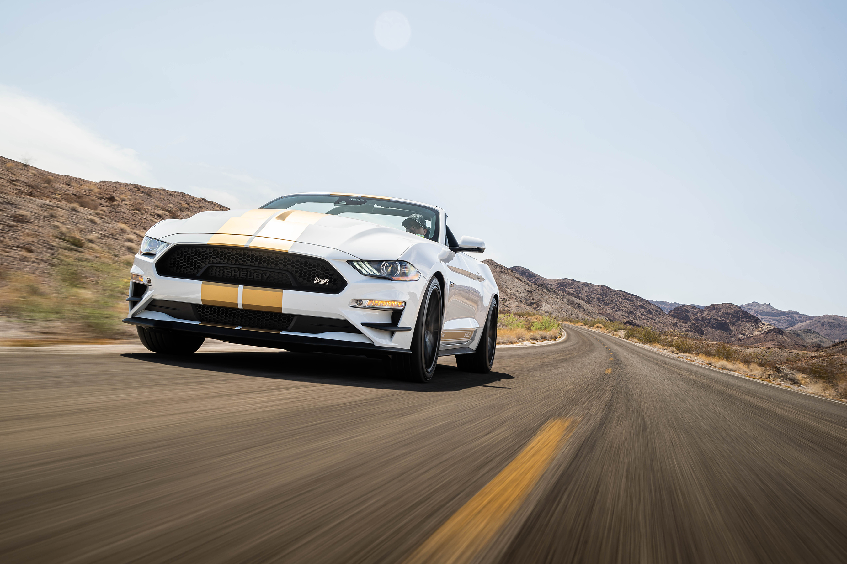 The Mustang Shelby GT-H rides on 20-inch aluminum wheels and is also fitted with a unique Shelby-designed deep-draw hood, upper grille, fascia winglets and taillight panel.
