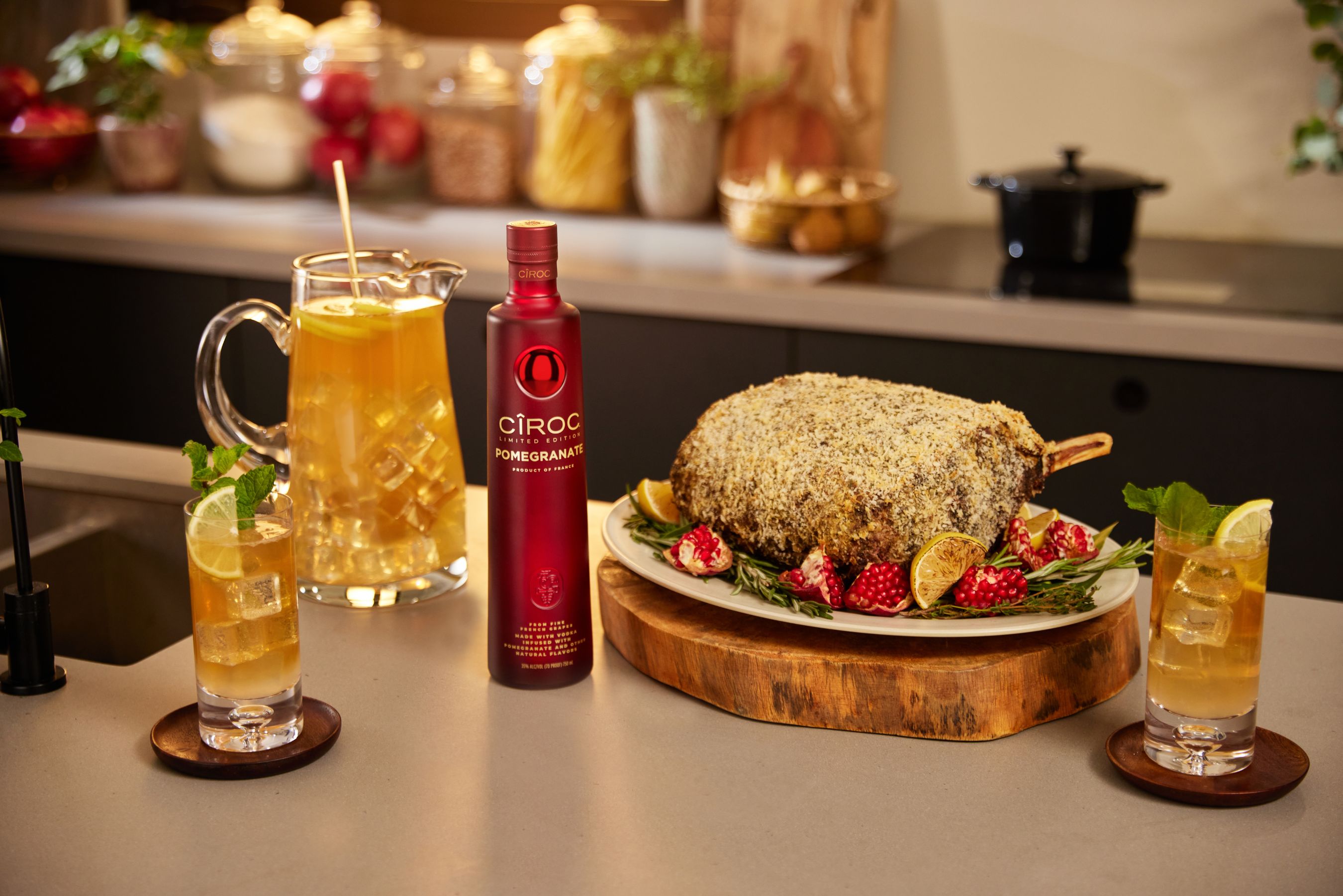 Asiago and Herb Beef Roast paired with CÎROC Half on the Pomegranate