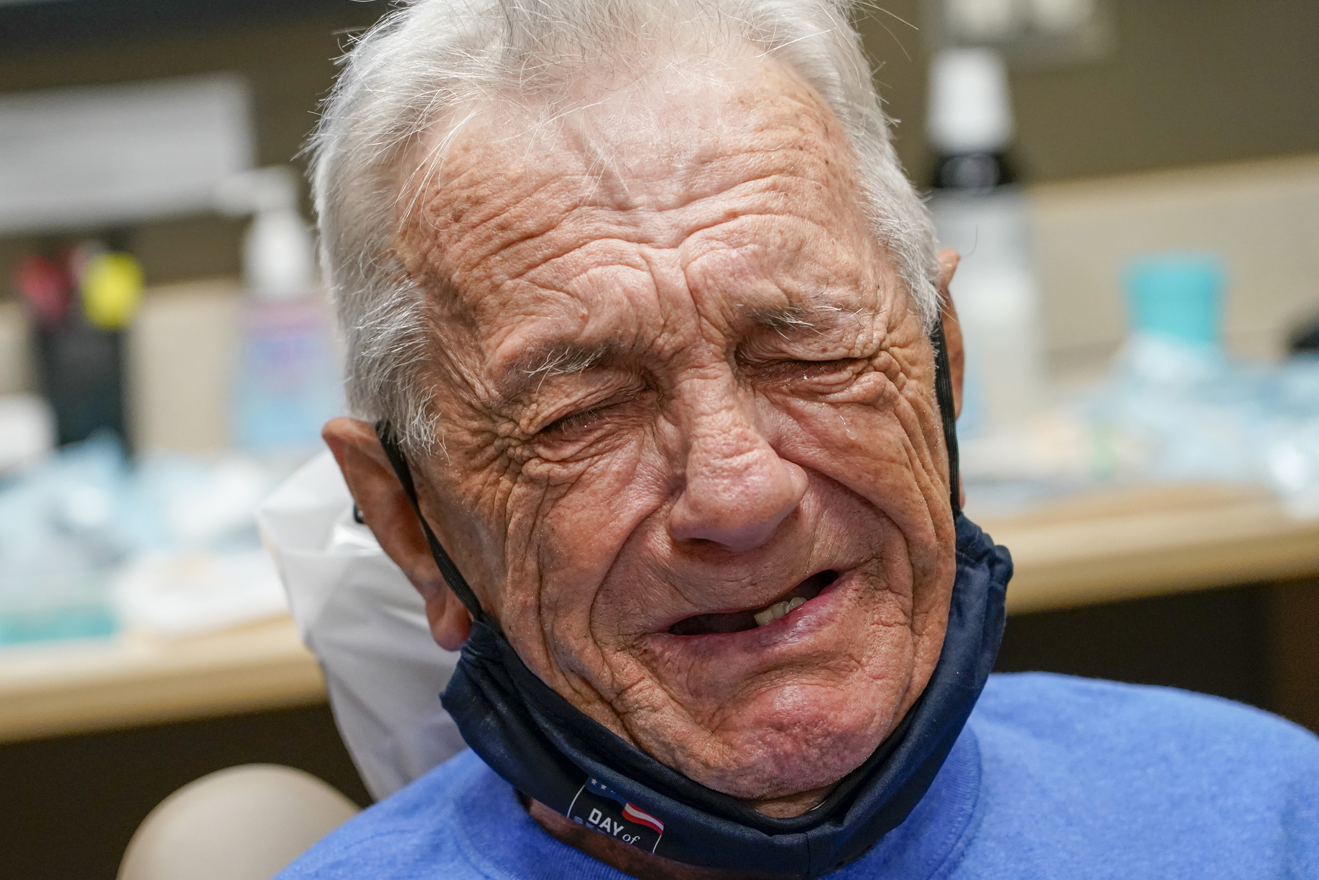 Navy veteran Kenny Jary of Mahtomedi, Minn., becomes emotional as he talks about the services offered by Aspen Dental, Saturday, Nov. 6, 2021, in Forest Lake, Minn. (Craig Lassig/AP Images for Aspen Dental)