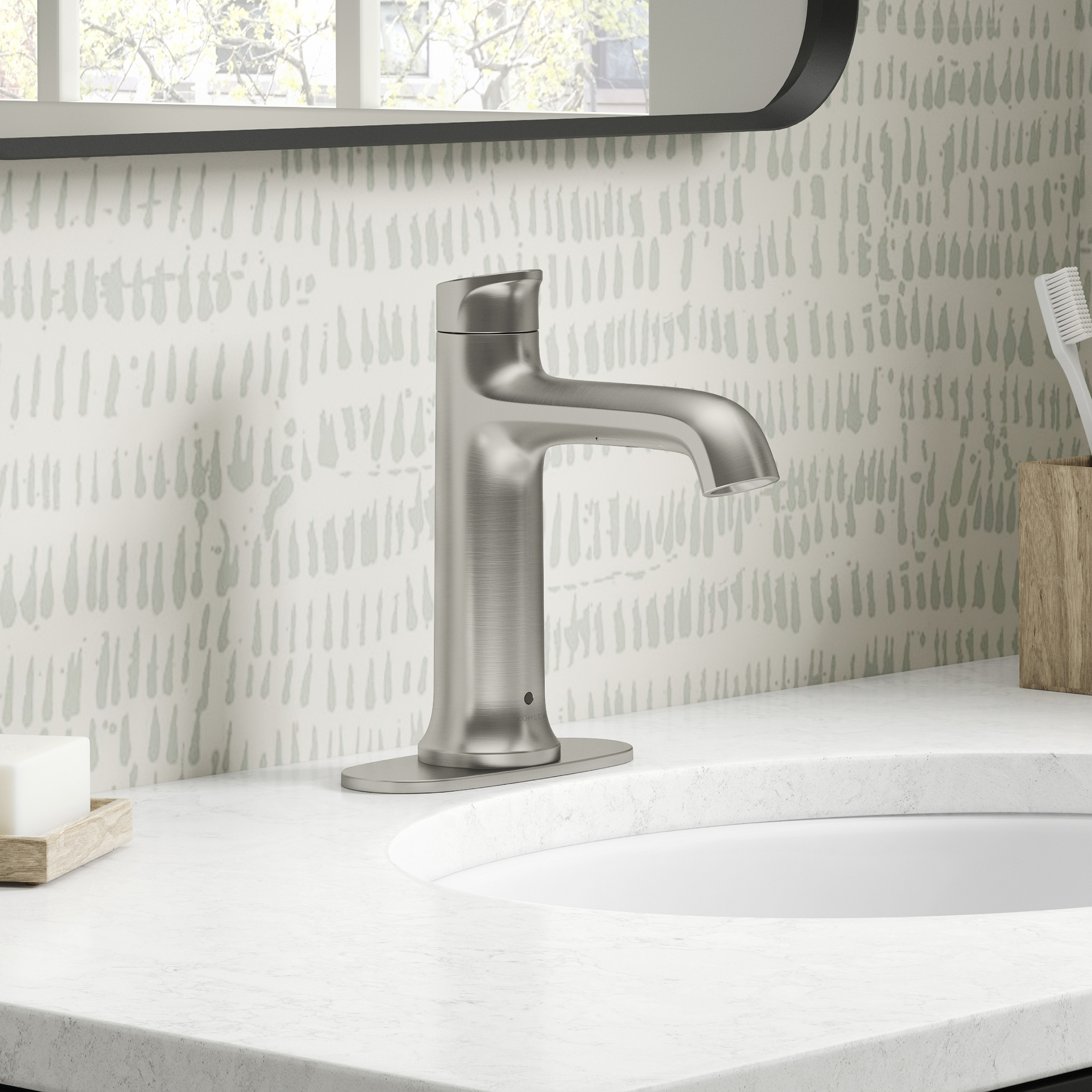 KOHLER Touchless Residential Bathroom Faucet functions with a simple wave of the hand, offers temperature control and operates by battery, offering an easy tech upgrade.