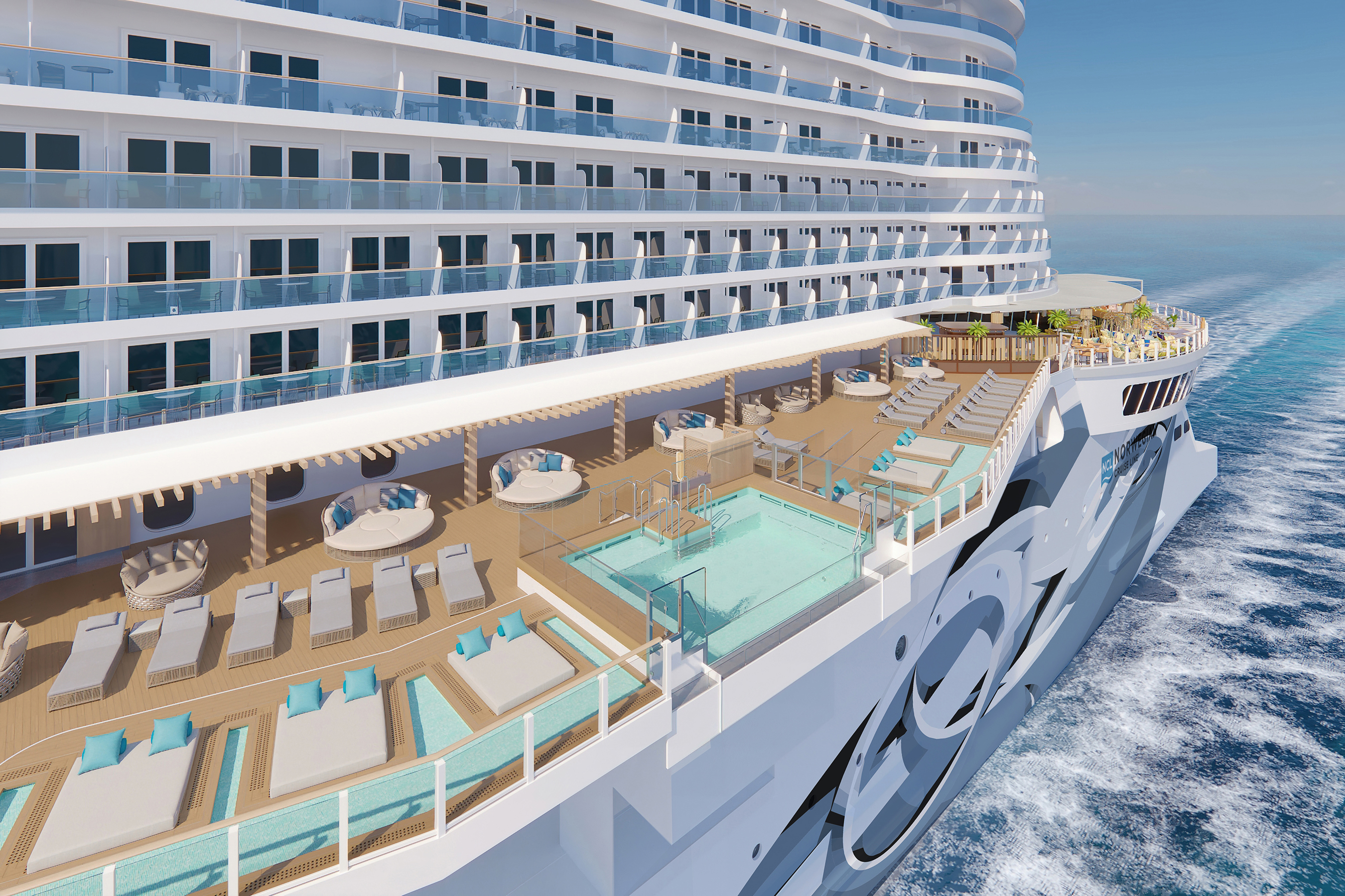 Travelers will enjoy spanning views from Norwegian Prima´s Ocean Boulevard, complete with infinity pools, dining options and a variety of experiences wrapping around the entire deck eight. Norwegian Prima to debut August 2022. #NorwegianPrima